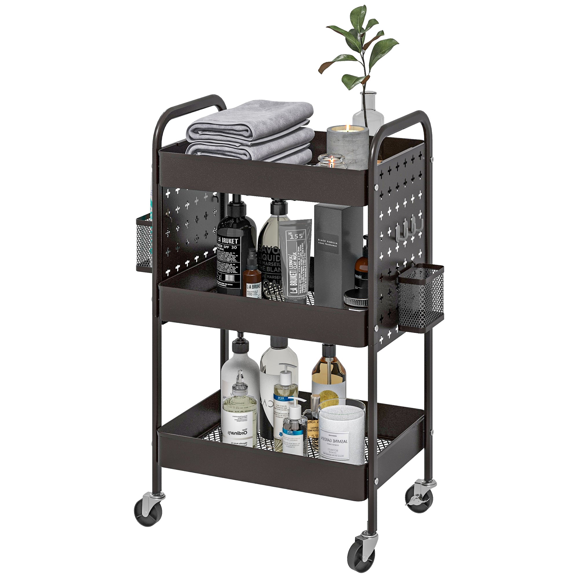 HOMCOM Mehrzweckwagen Rollwagen Küchenwagen, 3 Regale, 4 Rollen, 53,5 cm x 30,5 cm x 75 cm, Schwarz