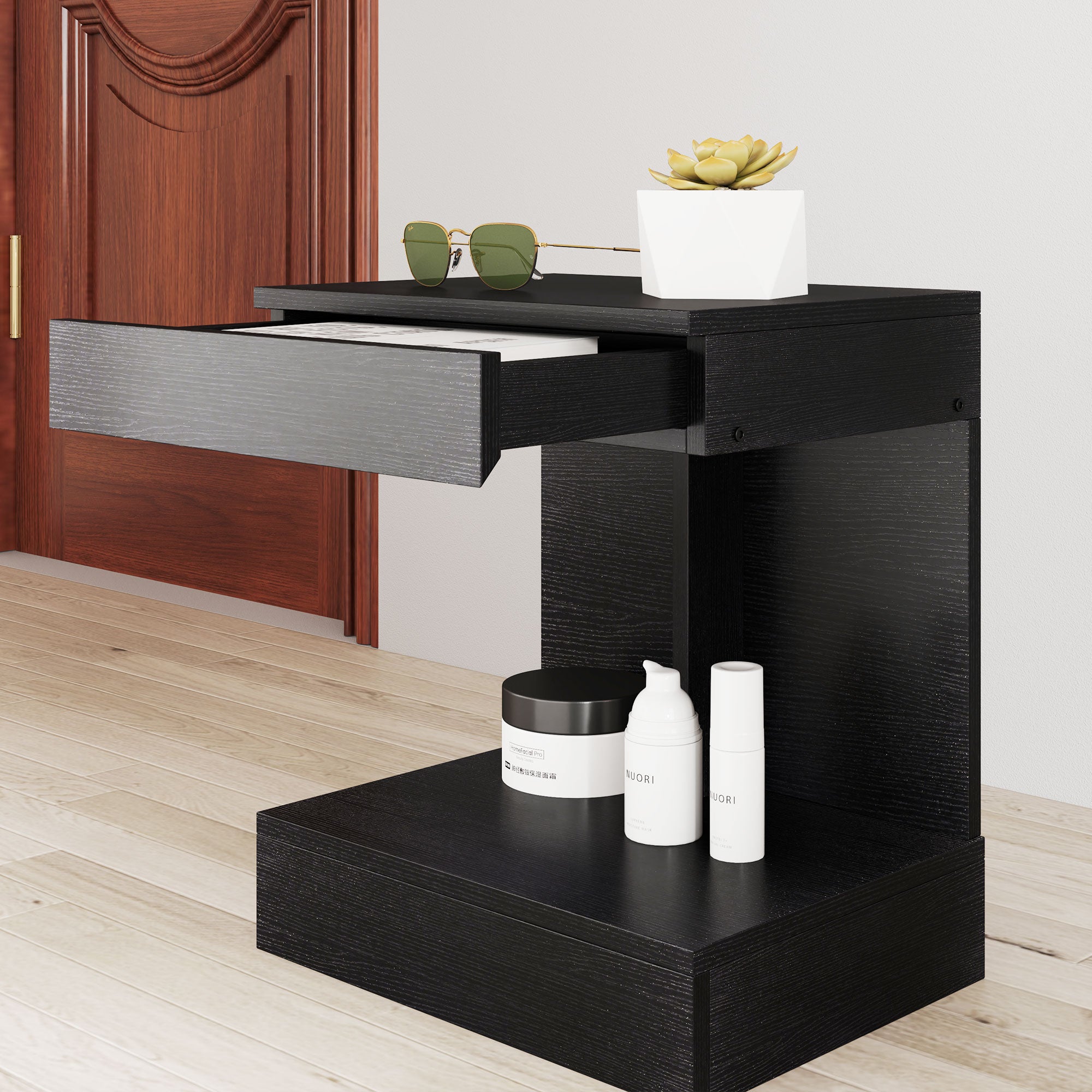 HOMCOM Nachttisch, Beistelltisch mit Schublade und Ablagefach, Moderner Sofatisch mit Regal für verschiedene Räume, Schwarz