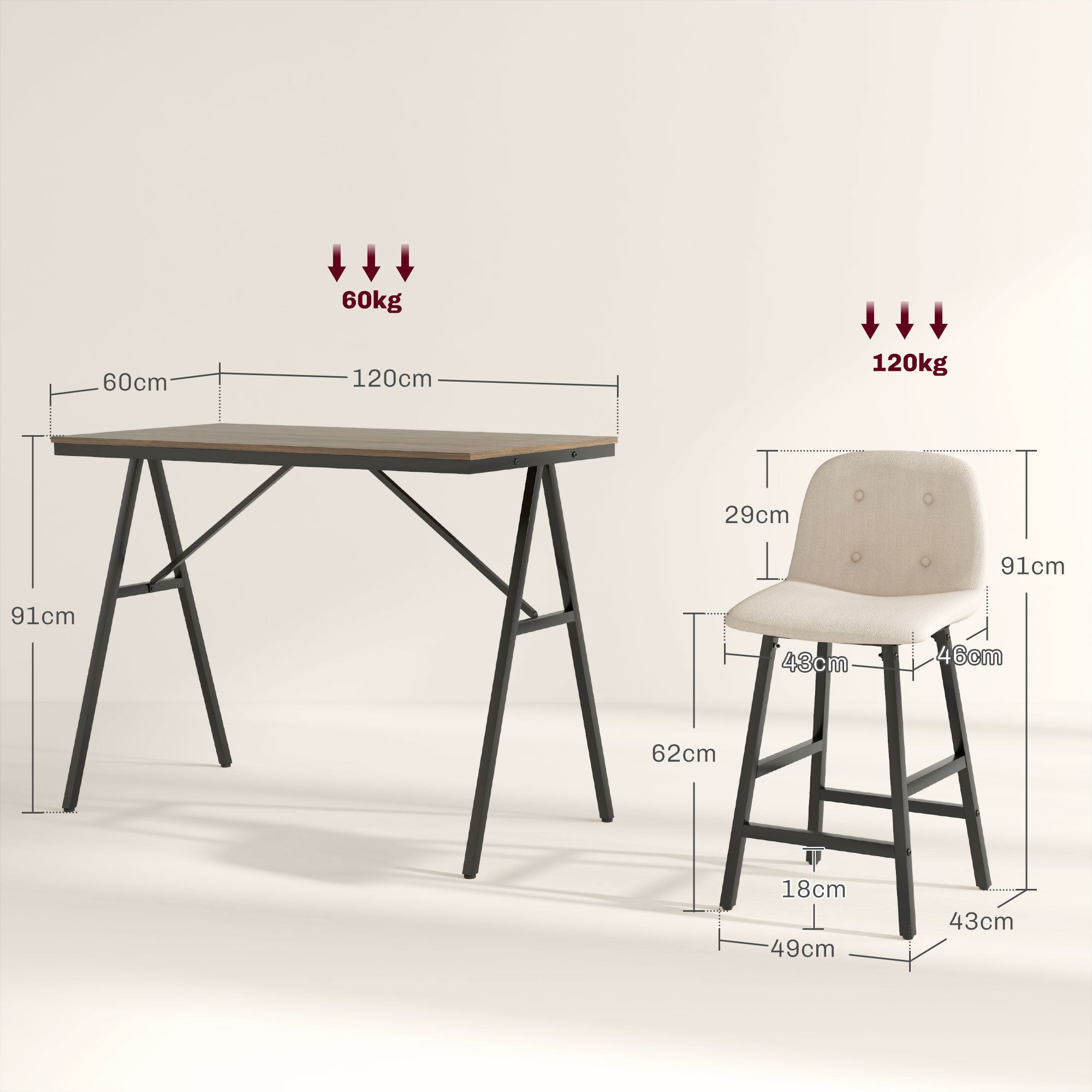 HOMCOM Bargarnitur 5-teilig, Tisch und 4 Stühle, Knopfheftung, dicke Polsterung, Leinenoptik, Beige