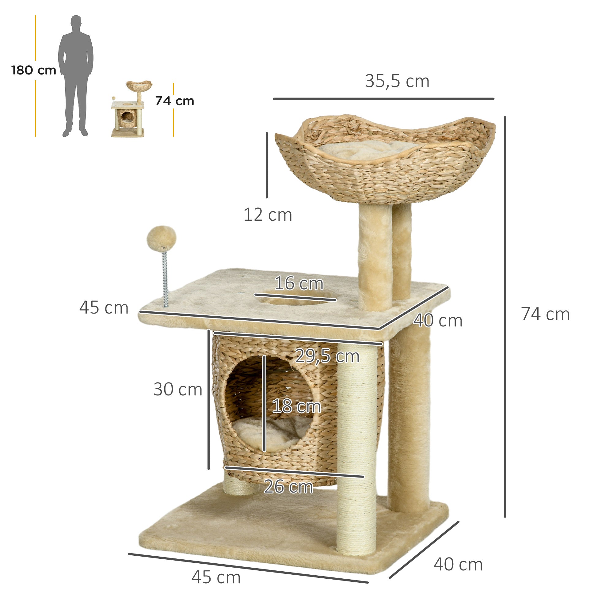 PawHut Kratzbaum mit Katzenhöhle, Liegeplattform, Spielball, 45x40x74cm, Beige