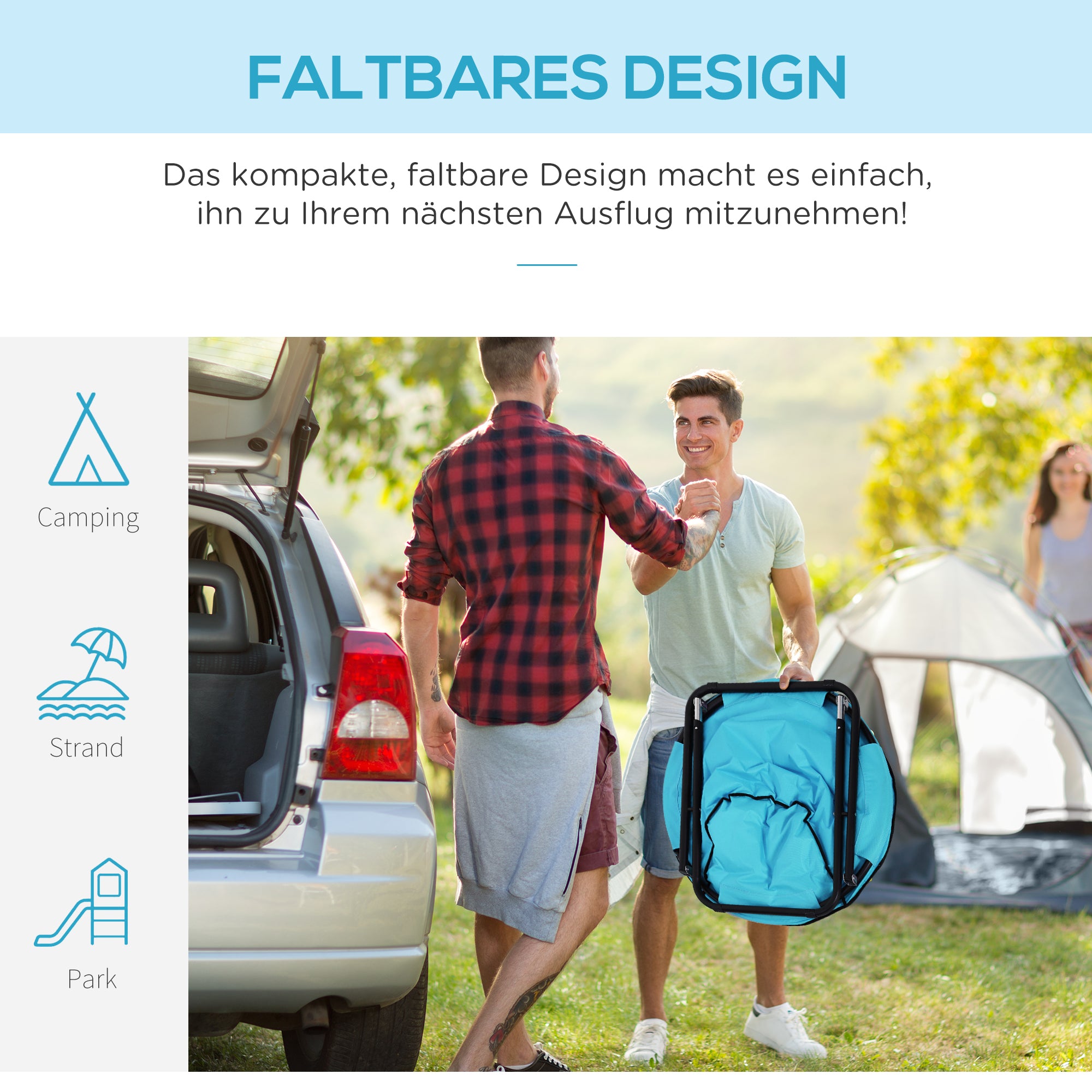 Outsunny Campingstuhl Faltbar Campingsessel mit Lehne, Klappstuhl bis 120kg, gepolstert Moonchair Extra Breit, Faltsessel Outdoor Stuhl für Garten, Balkon, Camping, Blau