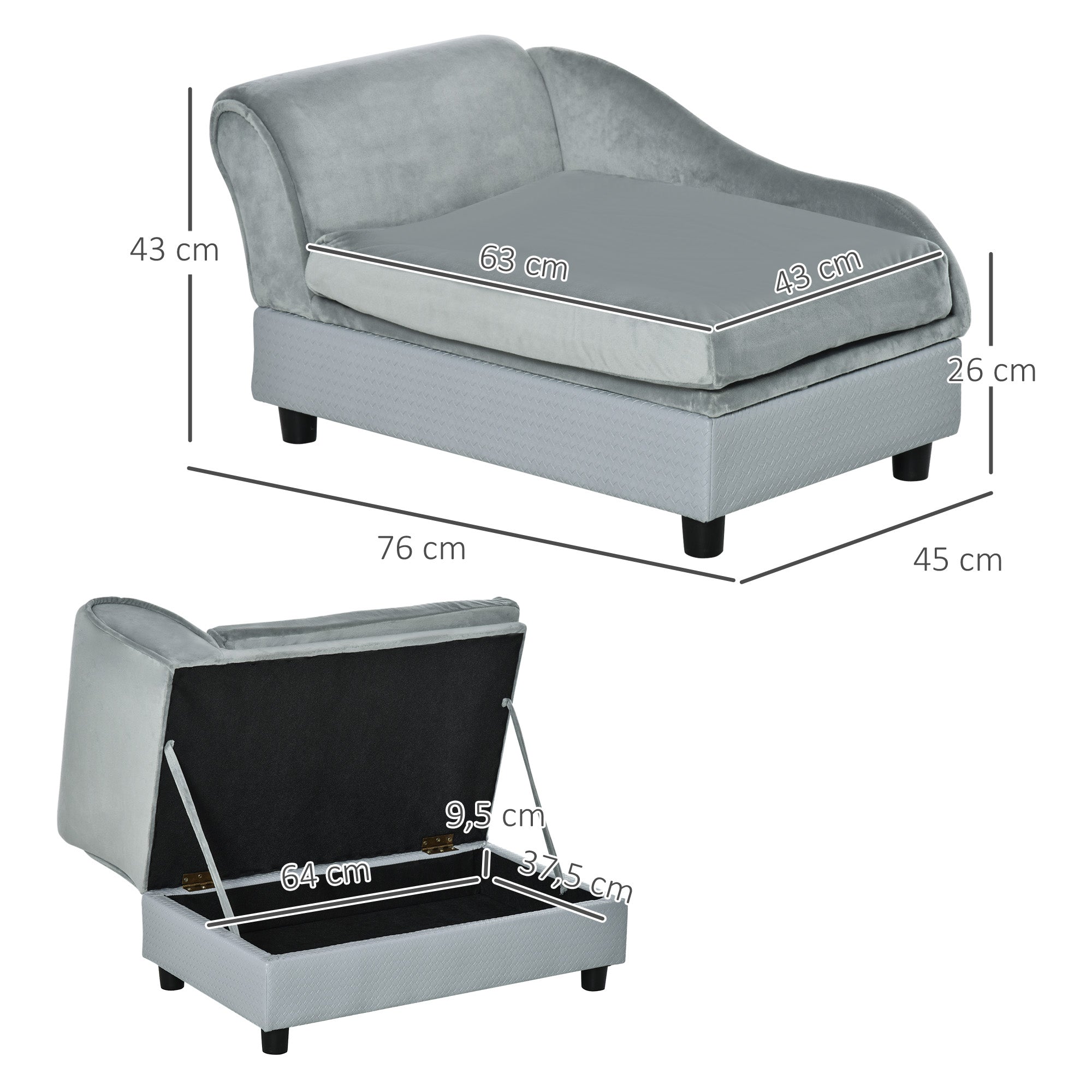 PawHut Haustiersofa mit Stauraum, weichem Kissen, bis 15 kg Tragkraft, Plüschbezug, Hartholzrahmen, Hellgrau