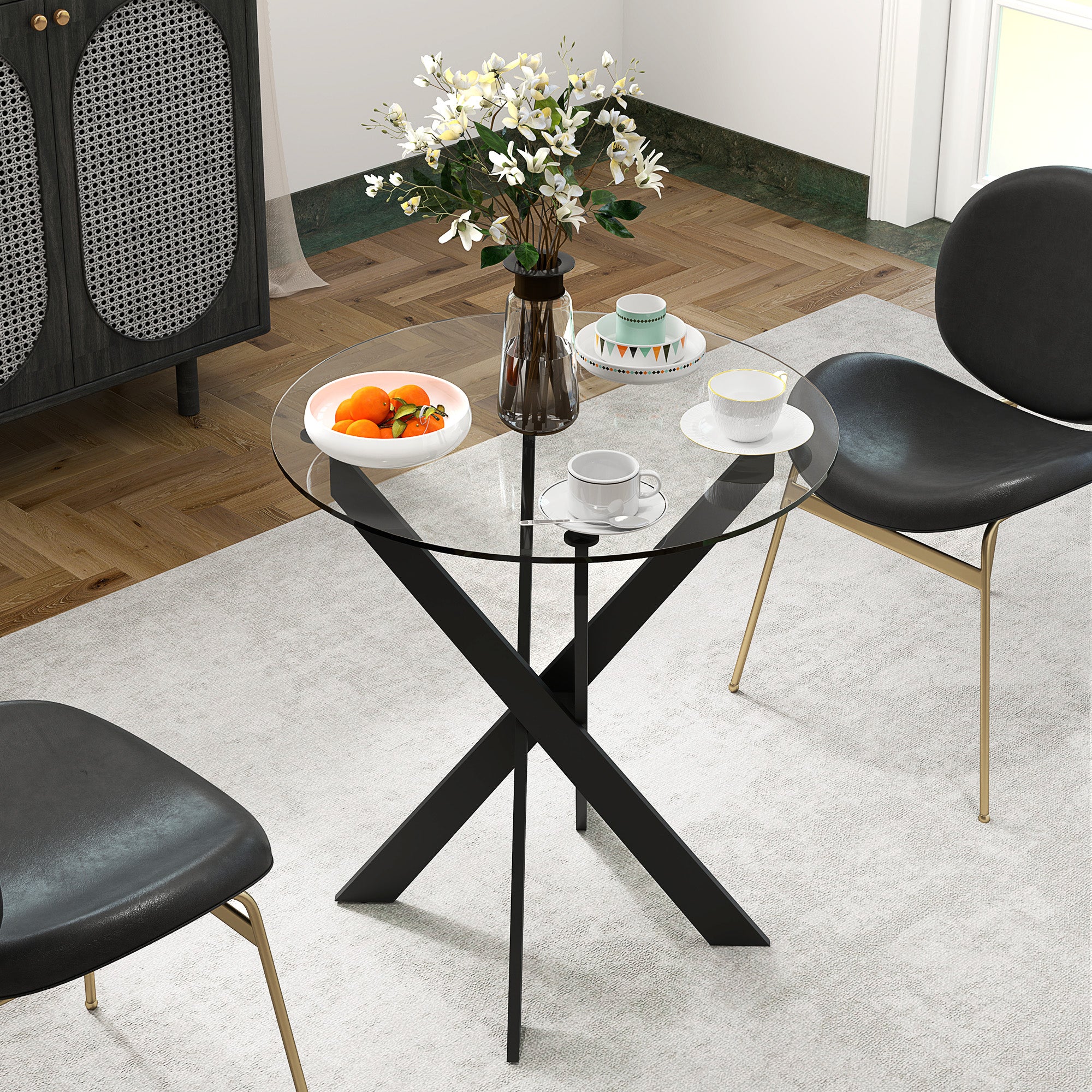 HOMCOM Moderner Glas-Esstisch, 70 cm Durchmesser, Küchentisch mit gehärteter Glasplatte und Metallbeinen, für 4 Personen