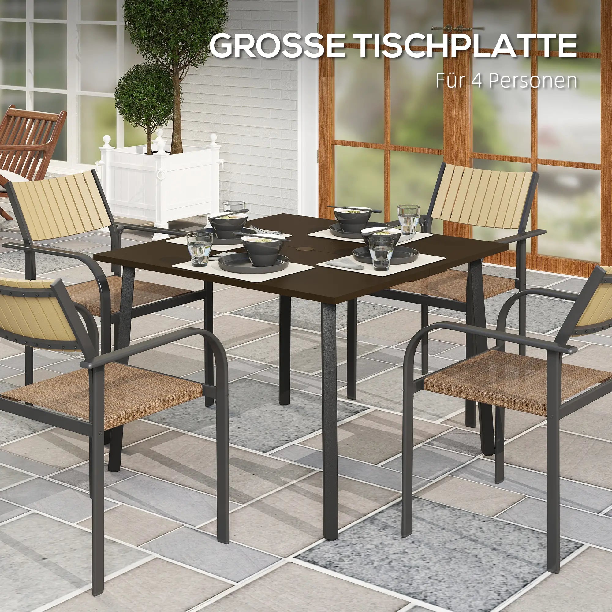 Gartentisch 100x100 cm für 4 Personen, Braun, mit Schirmloch