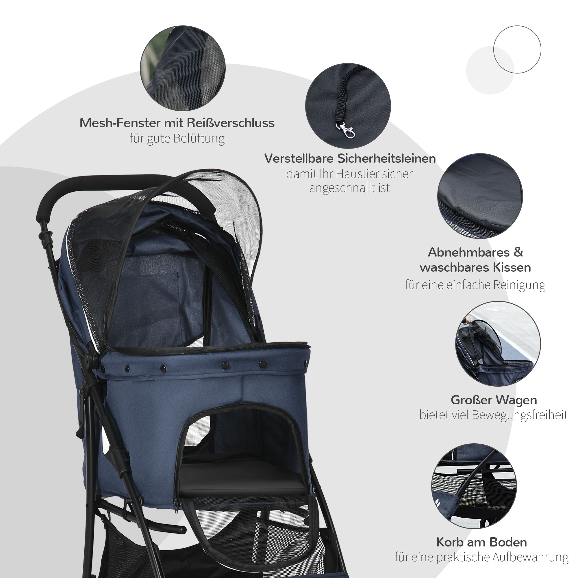 PawHut Hundewagen Hundebuggy bis 10 kg Klappbar Bodenkorb Kissen Seitentasche 81 cm x 48 cm x 99 cm Grau