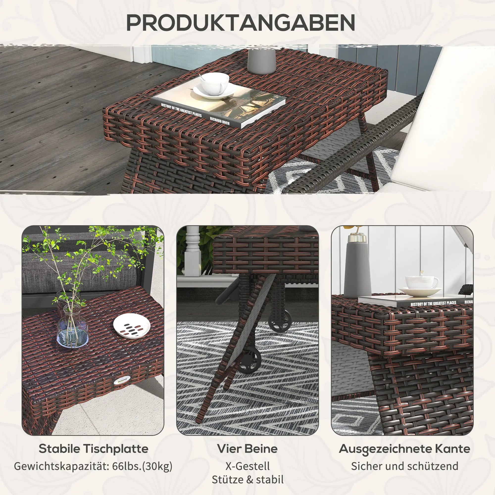 Wetterfester Rattan-Klapptisch 60x41?cm, Braun