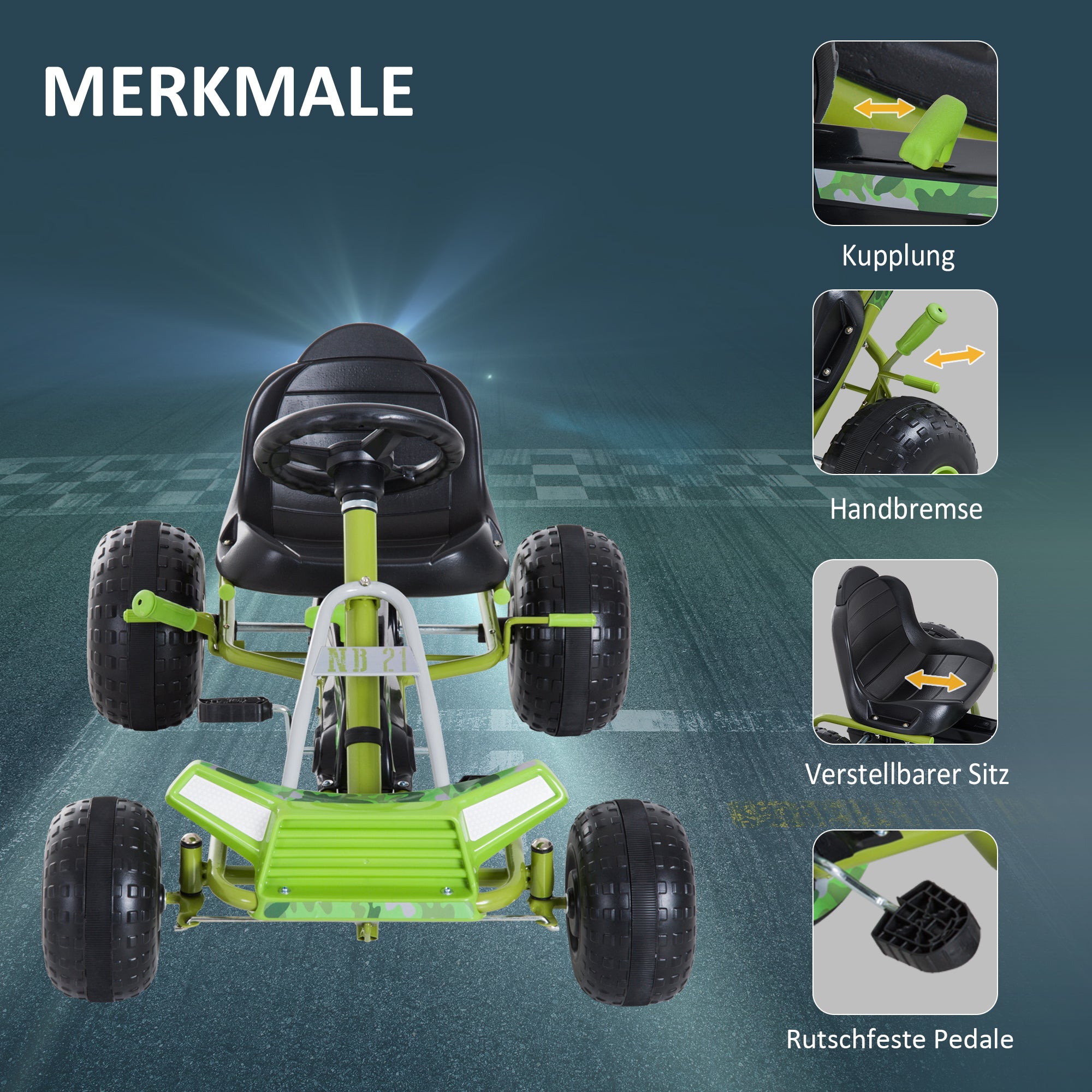 HOMCOM Kinder Go Kart Tretauto Tretfahrzeug Kinderfahrzeug mit Verstellbarem Sitz Pedalfahrzeug mit Handbremse ab 3 Jahren Grün 95 x 66,5 x 57cm