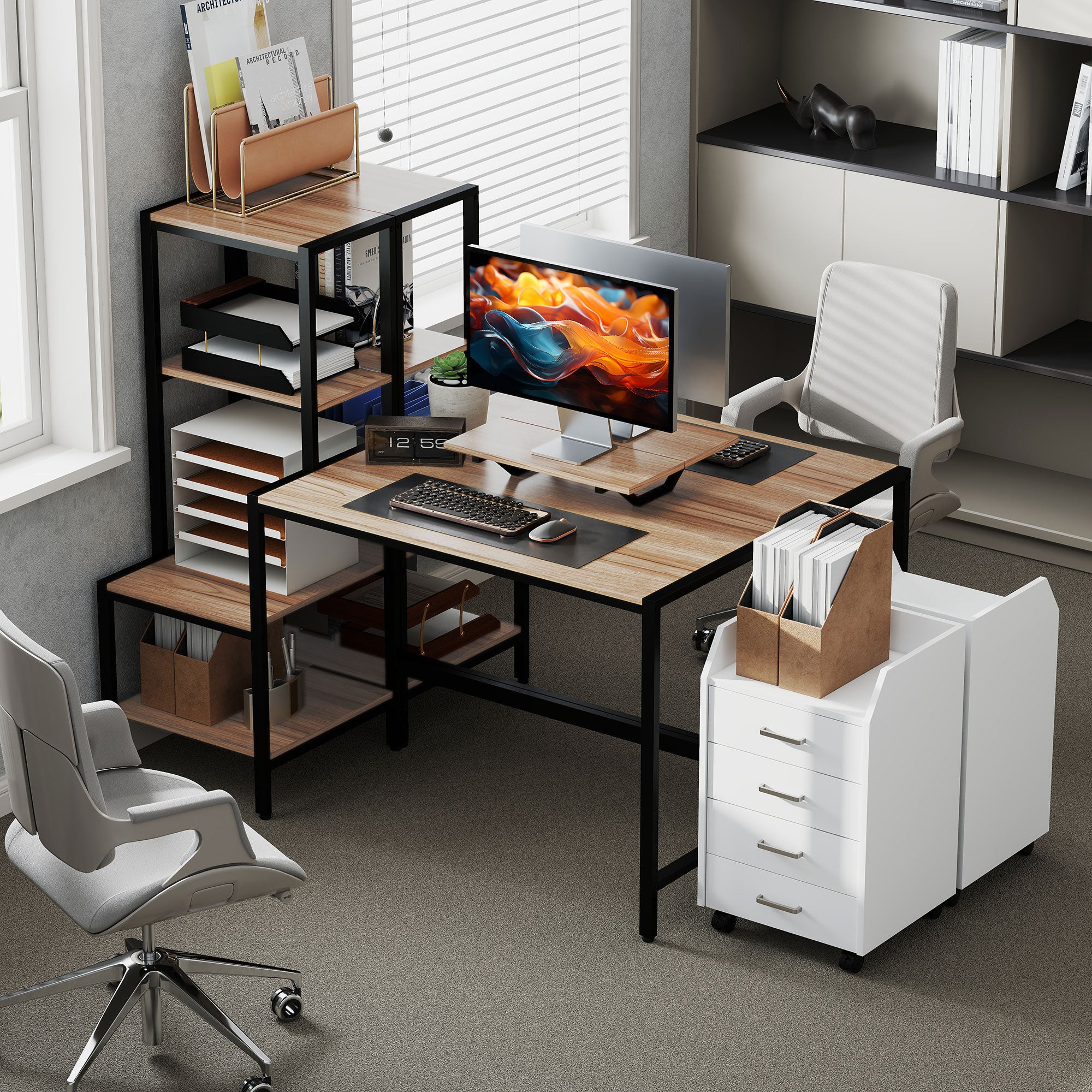 HOMCOM Computertisch mit Monitorständer, Schreibtisch mit 4-stufigem Regal, Industrielles Design, Braun