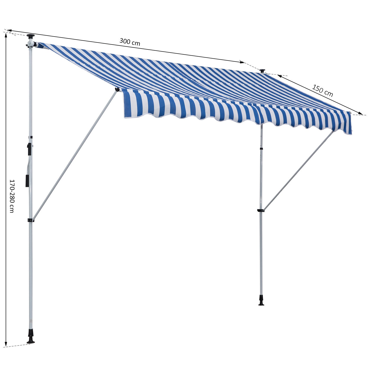 Outsunny Klemmmarkise mit Handkurbel höhenverstellbar Gelenkarmmarkise schmutzabweisend, witterungsbeständig Balkonmarkise 150cm breit Terrassenmarkise für Terrasse Balkon Veranda Blau+Weiß