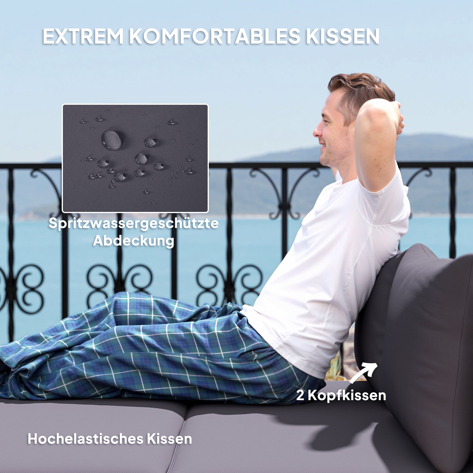 Outsunny Polyrattan Sonnenliege für 2 Personen Doppelliege mit Fußhocker Stauraum Auflagen 125x114x72,5 cm Grau