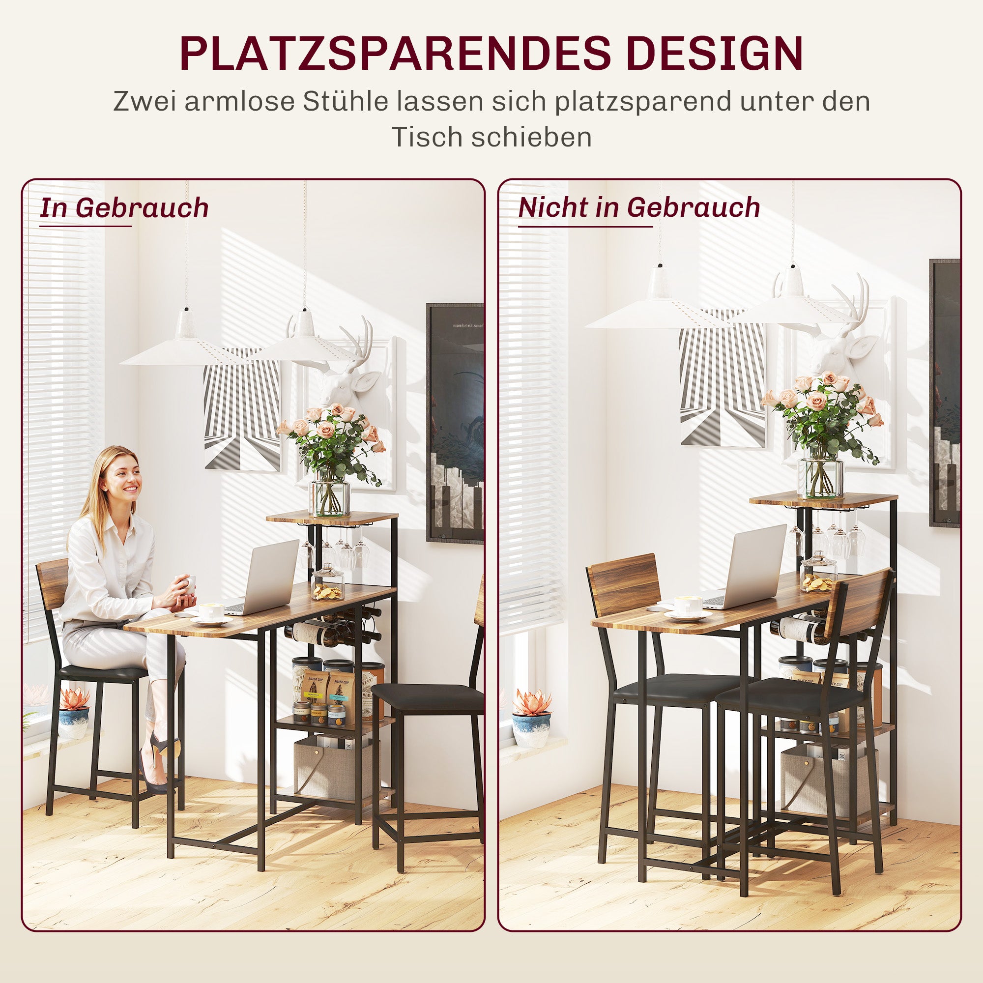 HOMCOM 3-teiliges Bartisch-Set, 1 Bartisch, 2 Stühle, mit Weinregal, Glashalter, Offene Regale, Fußstützen, Braun