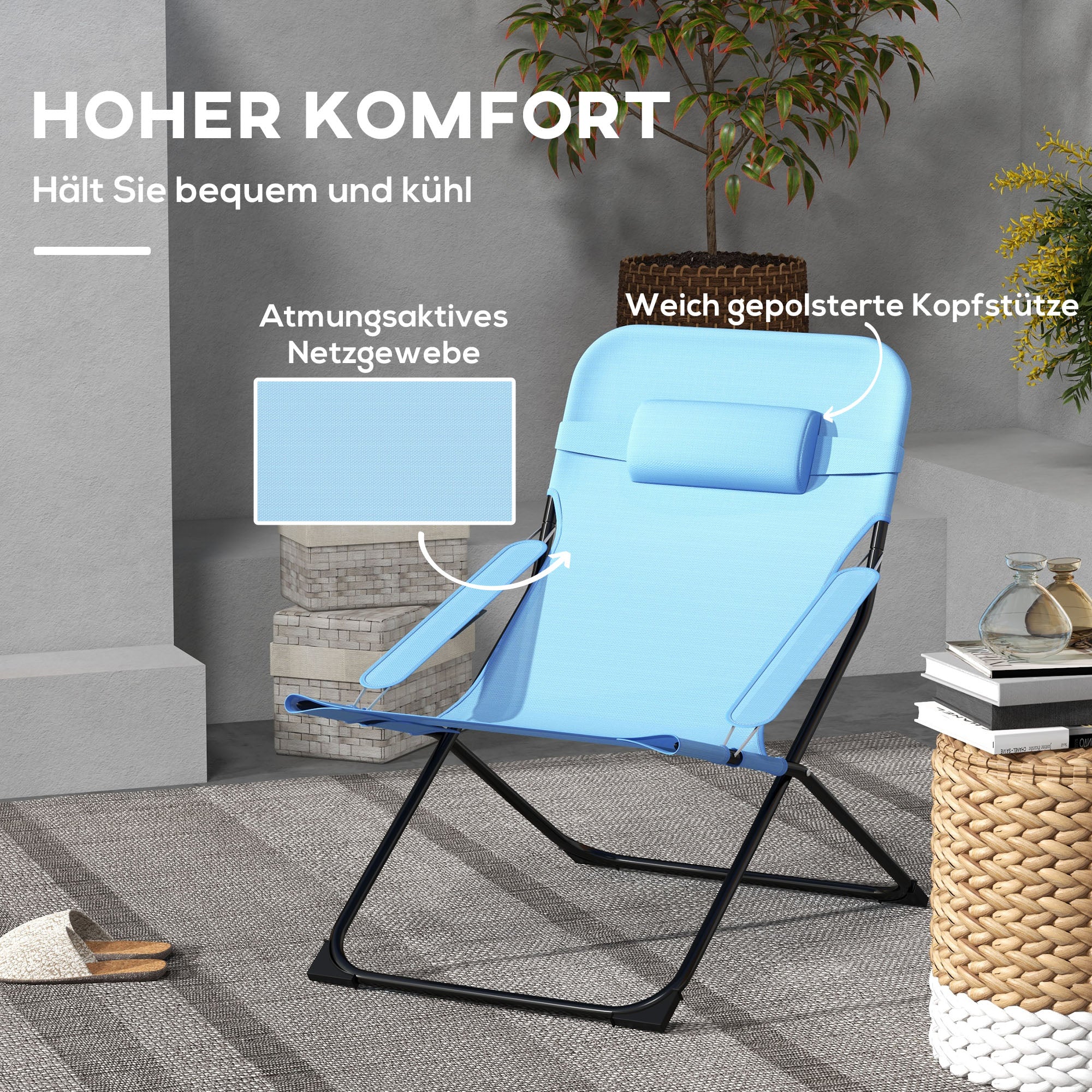 Outsunny Klappstuhl, 4-stufig verstellbar, atmungsaktiv, Metallgestell, 69 x 91 x 96 cm, Schwarz/Blau