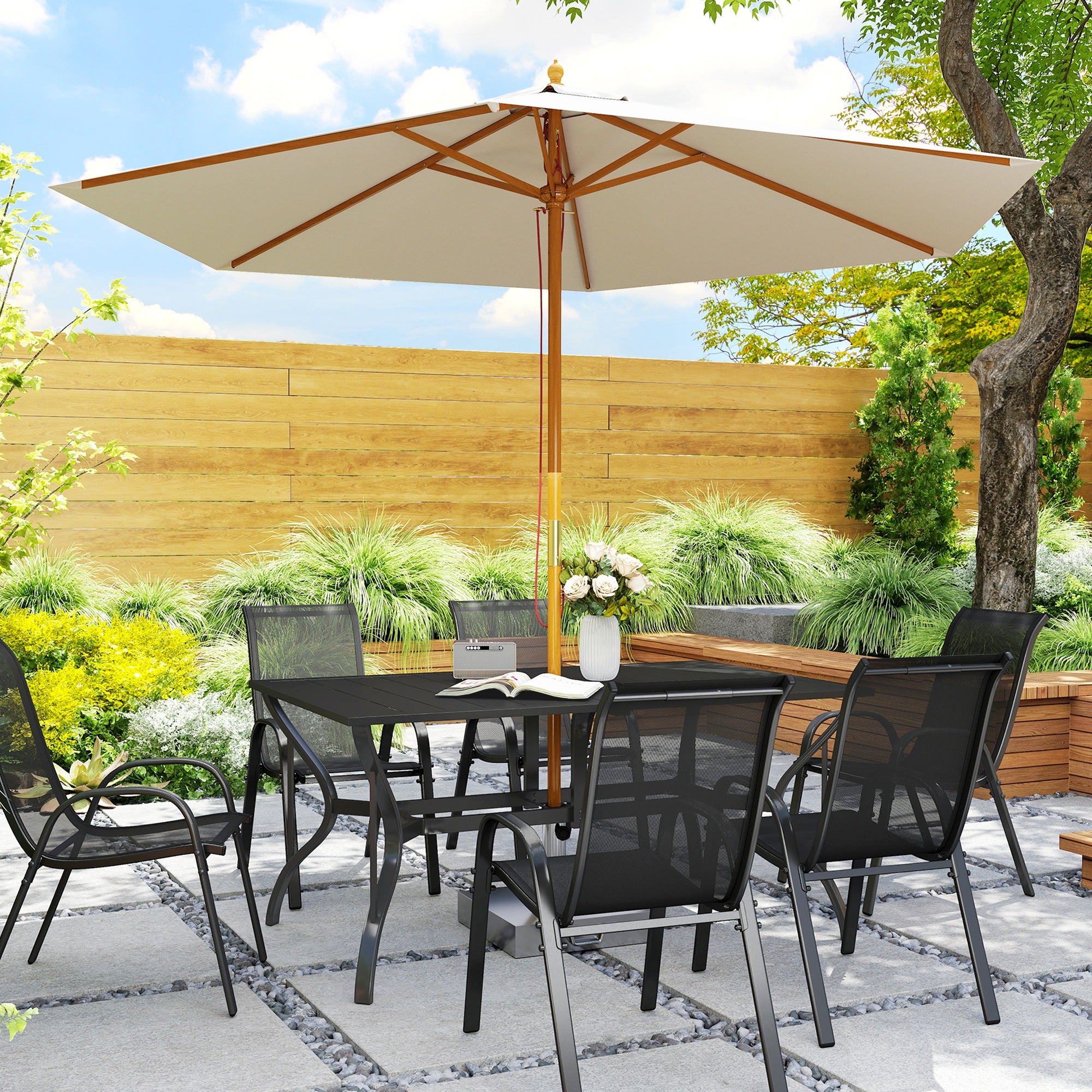 Outsunny Gartentisch Stahl 150x90 cm Wetterfest Balkontisch mit Schirmloch, Lamellen-Design für 6 Personen Schwarz