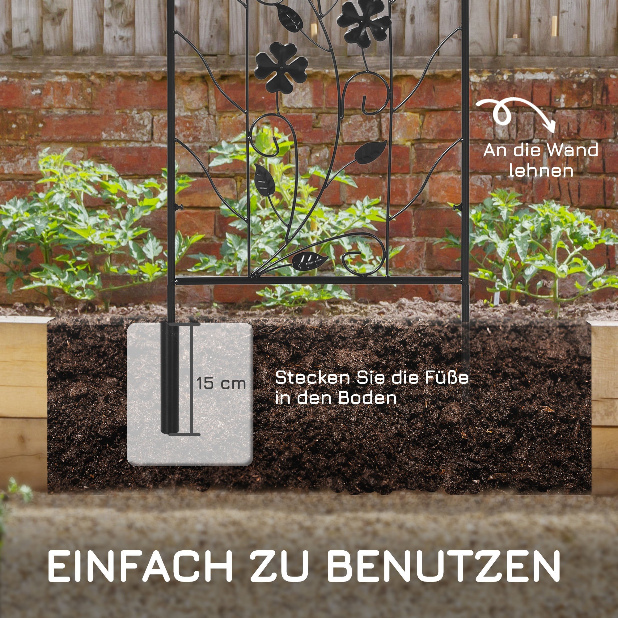 Outsunny 2er-Set Metallspalier, mit Vogel- und Kleeverzierung, für Garten & Terrasse, schwarz, 38 x 98 cm