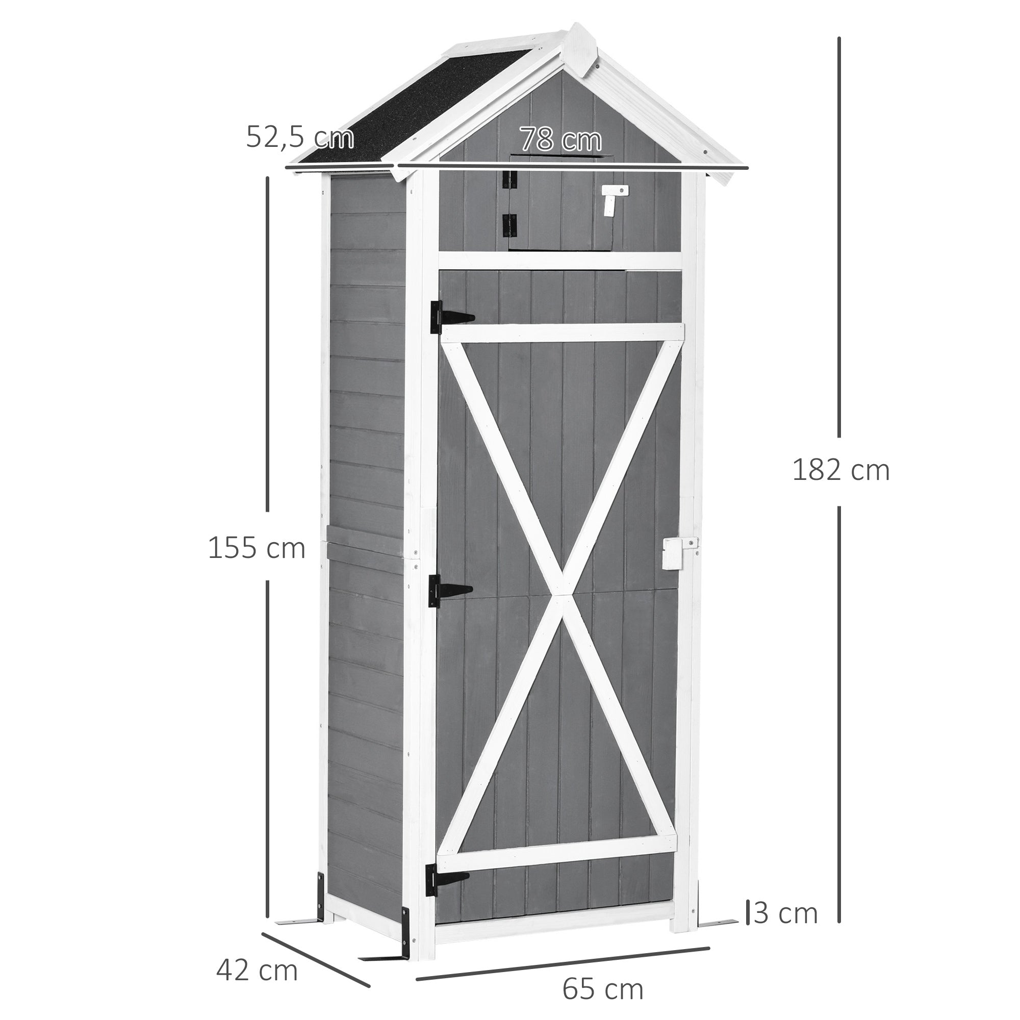 Outsunny Gartenschrank Holz, Geräteschuppen wetterfest 78x52,5x182cm, Gerätehaus mit Tür, Satteldach, Geräteschrank mit Haken, faltbar Tisch, Werkzeugschrank Gartenschuppen für Garten, Terrasse, Grau
