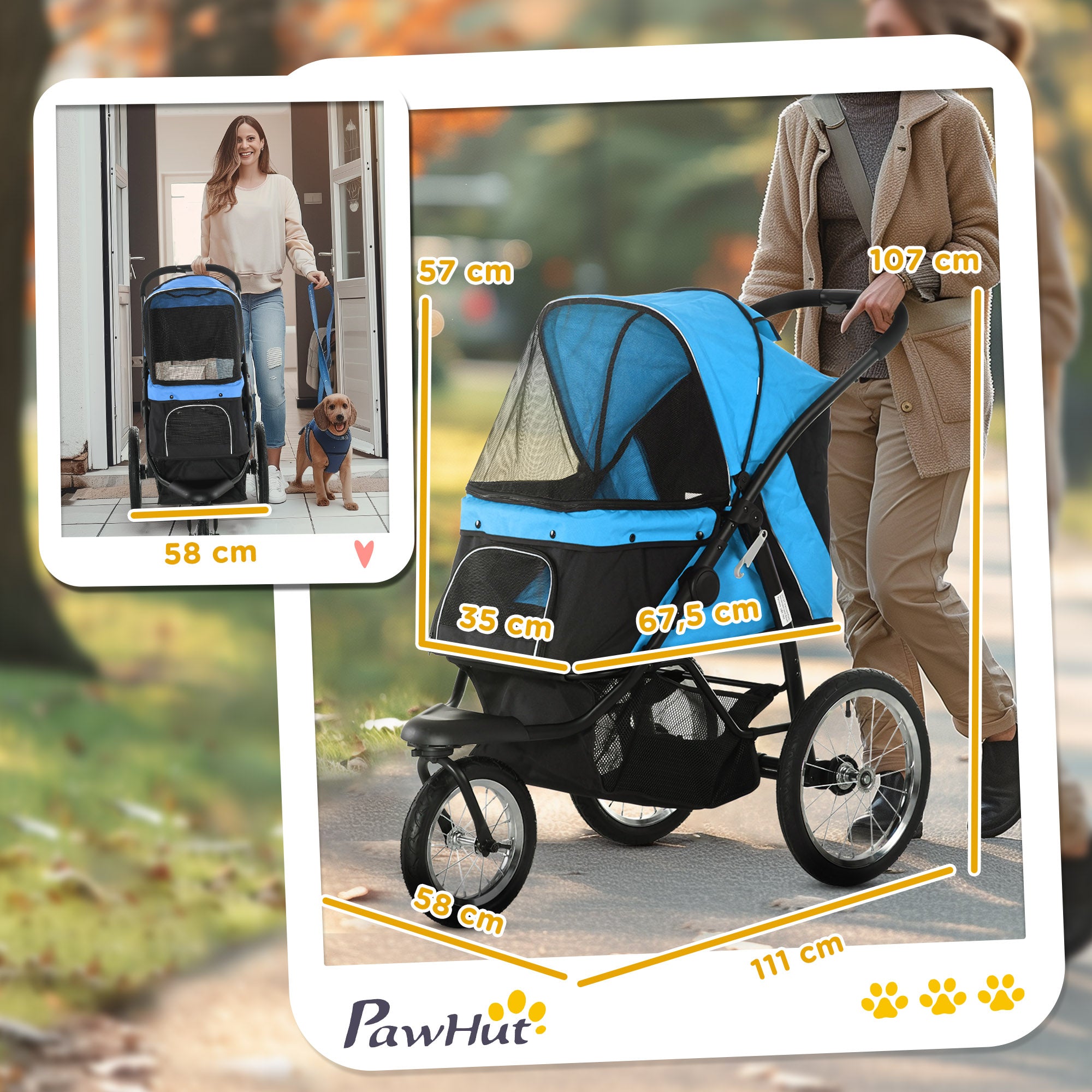 PawHut Hundewagen Hundetrolley mit Jogger-Funktion bis 20 kg Klappbar Netzfenster, Ablagekorb, Blau, 111 x 58 x 107 cm