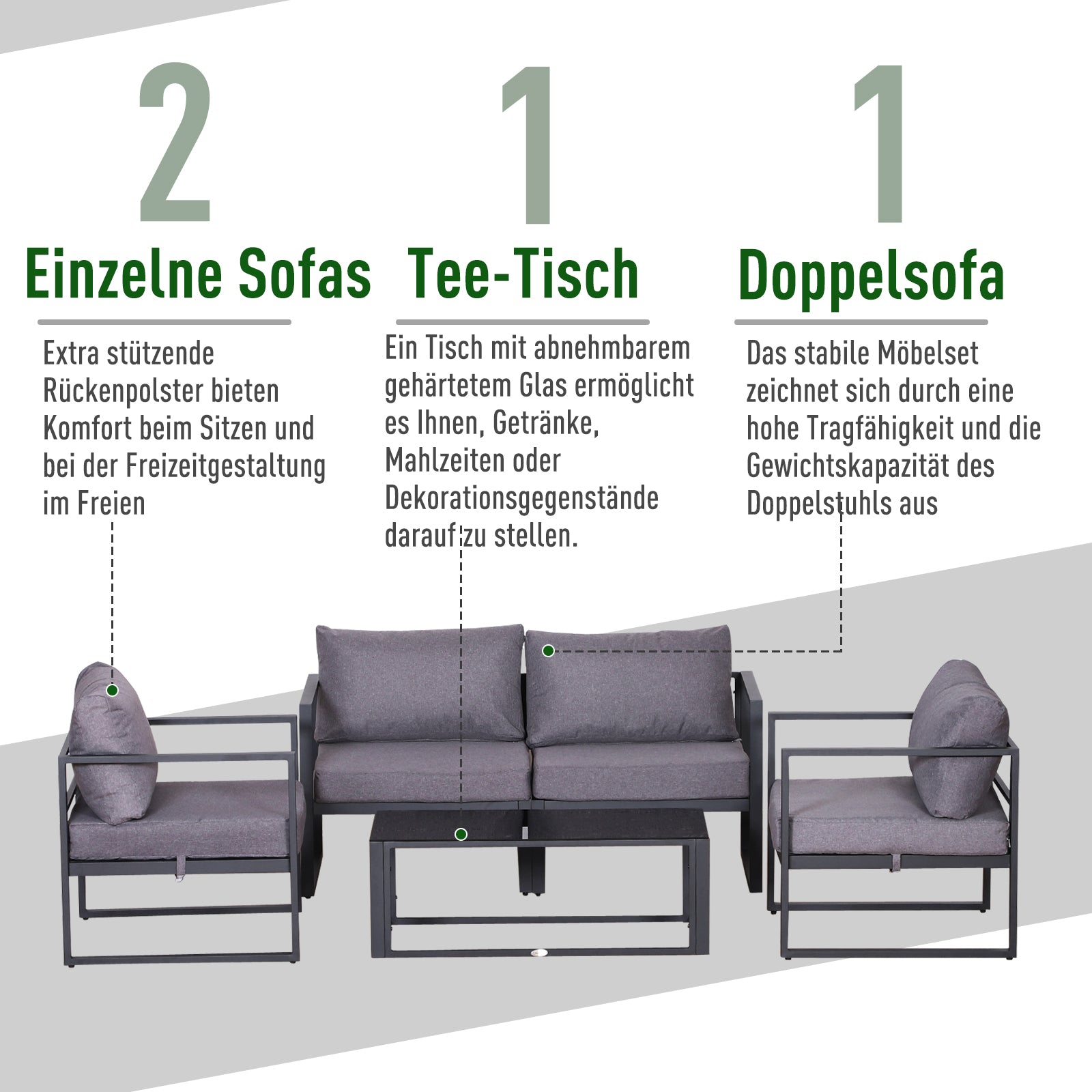 Outsunny Vierteiliges Gartenmöbel Set, Sitzgruppe, Sofa mit Sitzkissen, Tisch mit Stauraum, Polyester, Grau, 138 x 69 x 63 cm
