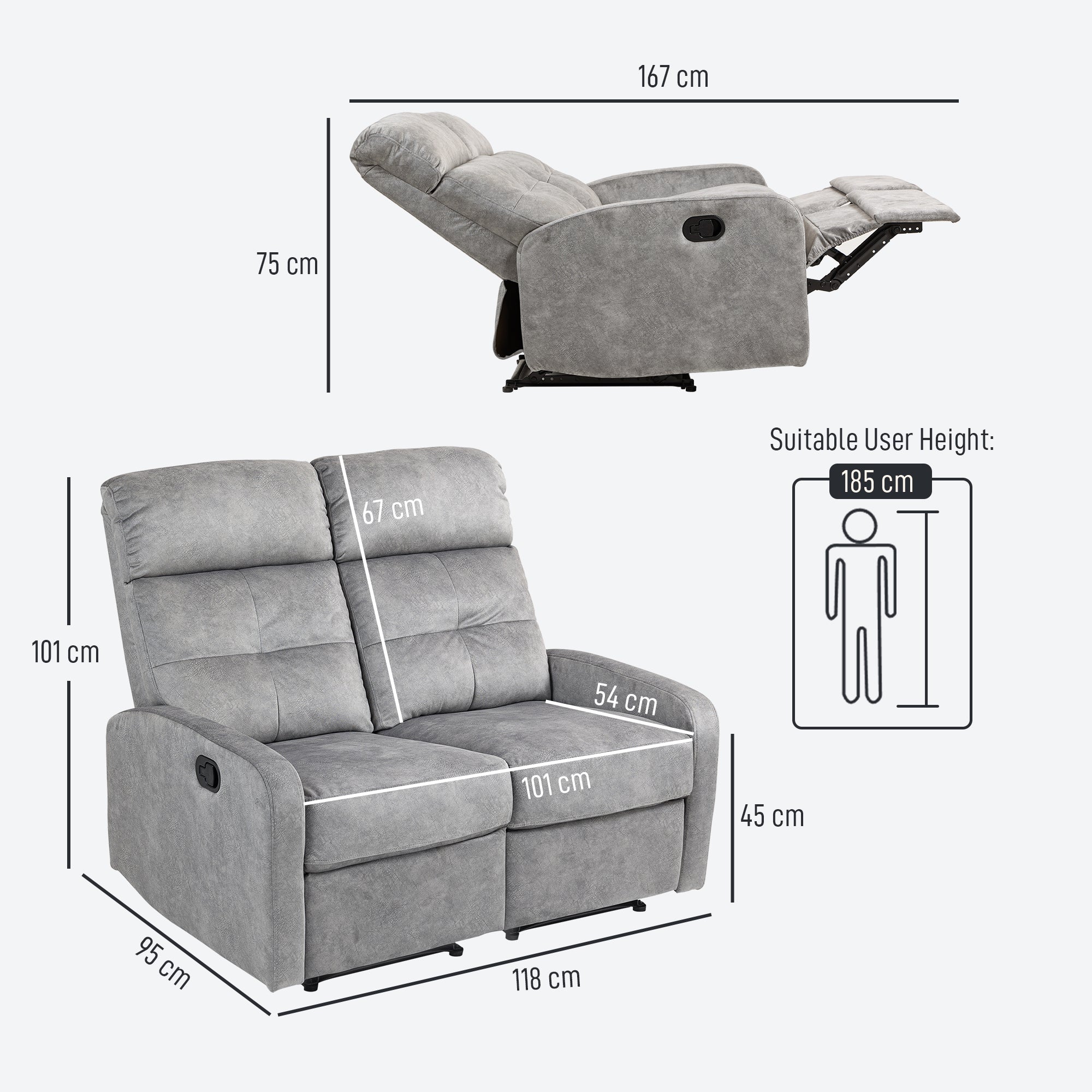 HOMCOM Doppelsitz-Sessel, Relaxsessel mit verstellbarer Doppellehne und Fußablage, für Wohnzimmer, Stoffbezug, Grau