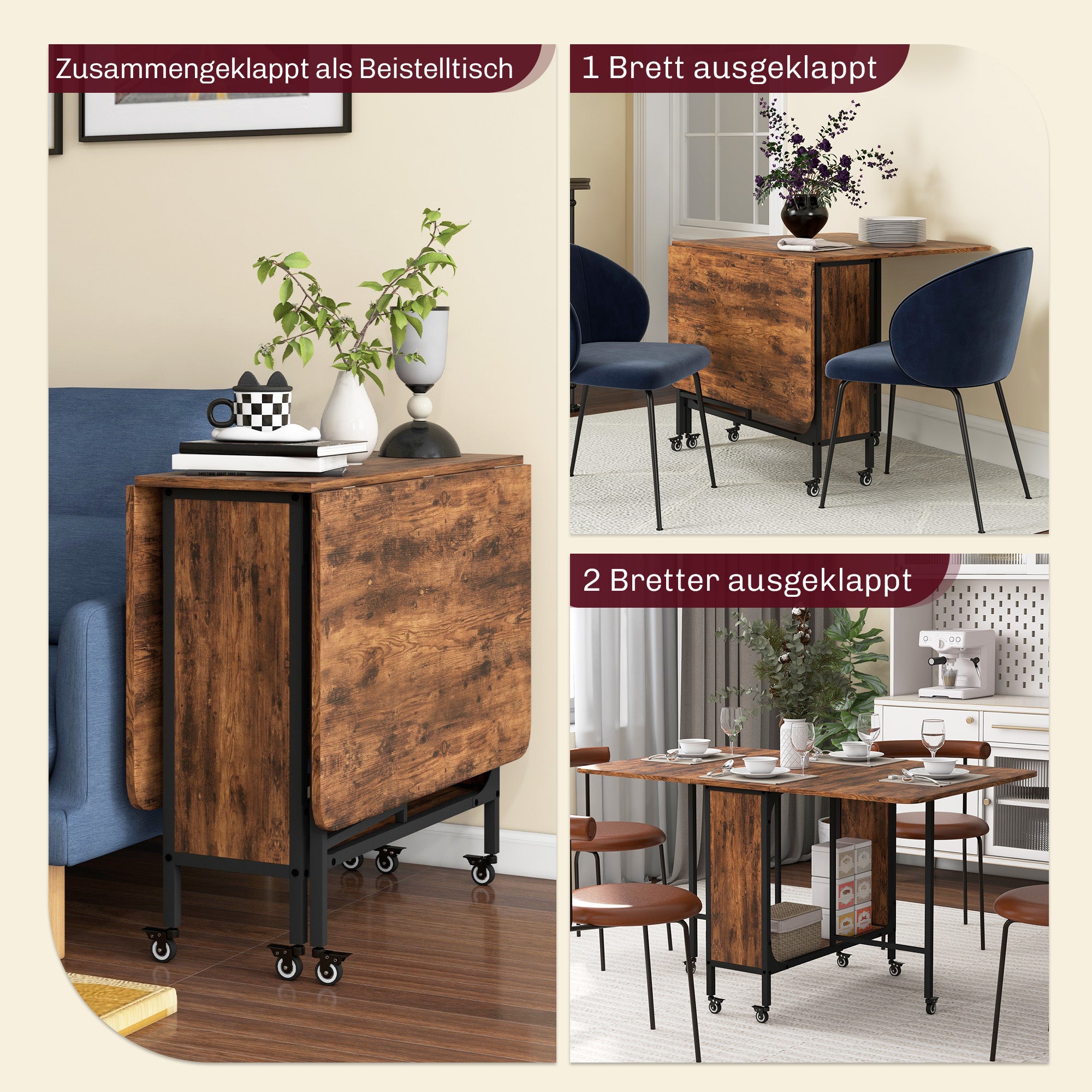 HOMCOM Klappbarer Esstisch, Mobiler Klapptisch für 6 Personen, mit Ablage, bis 50 kg belastbar, 130 x 80 x 74 cm, Rotbraun