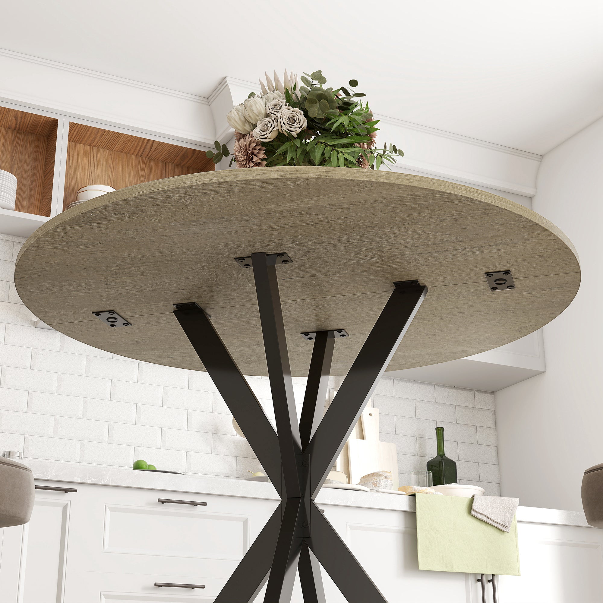 HOMCOM Runder Küchentisch, 80 cm, kompakte Tischplatte, Spanplatte, Metall, Weiße Eiche+Schwarz