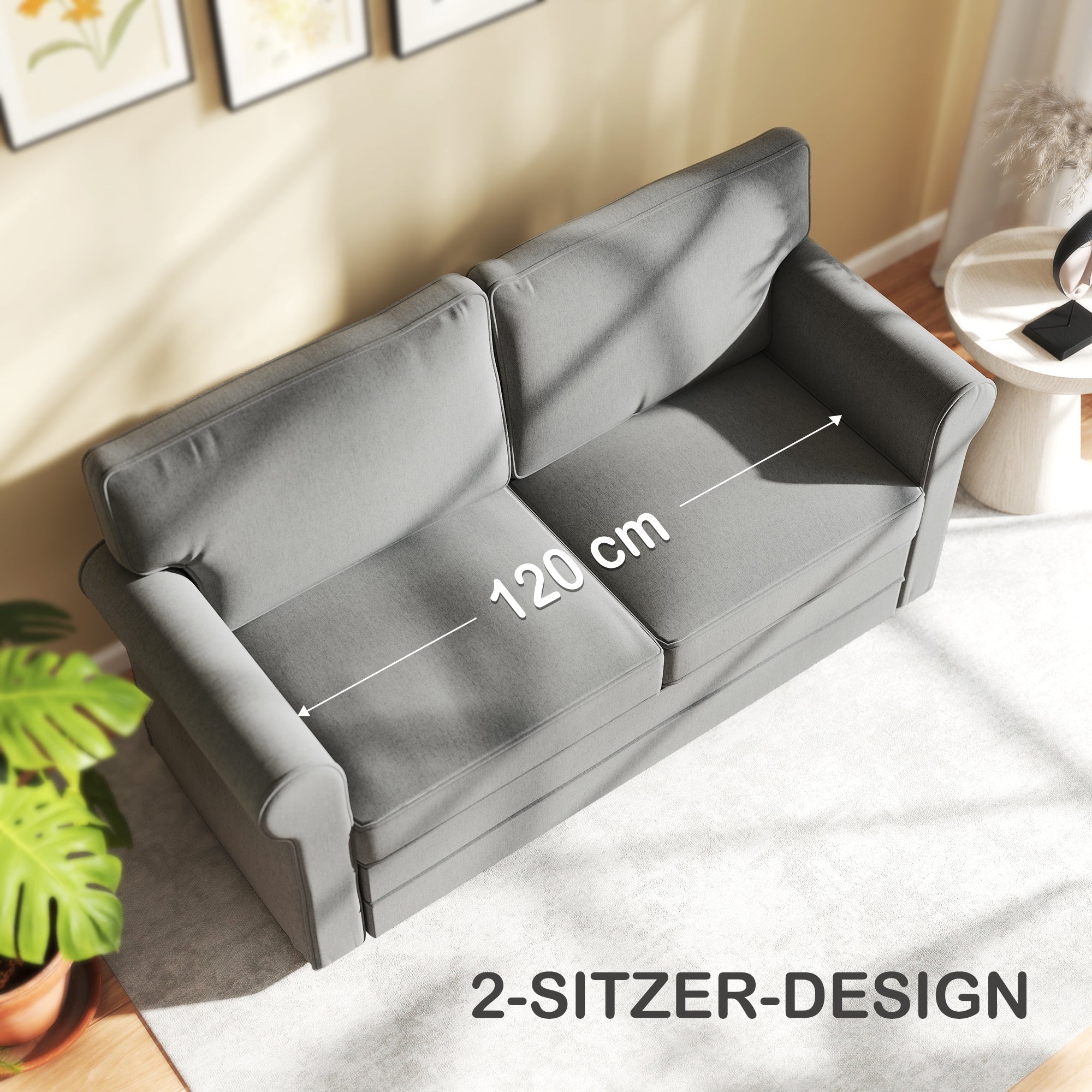 HOMCOM 2-Sitzer-Sofa, Kompakte Wohnzimmercouch, Stoff in Leinenoptik, weiche Sitzkissen, Stahlrahmen, Dunkelgrau