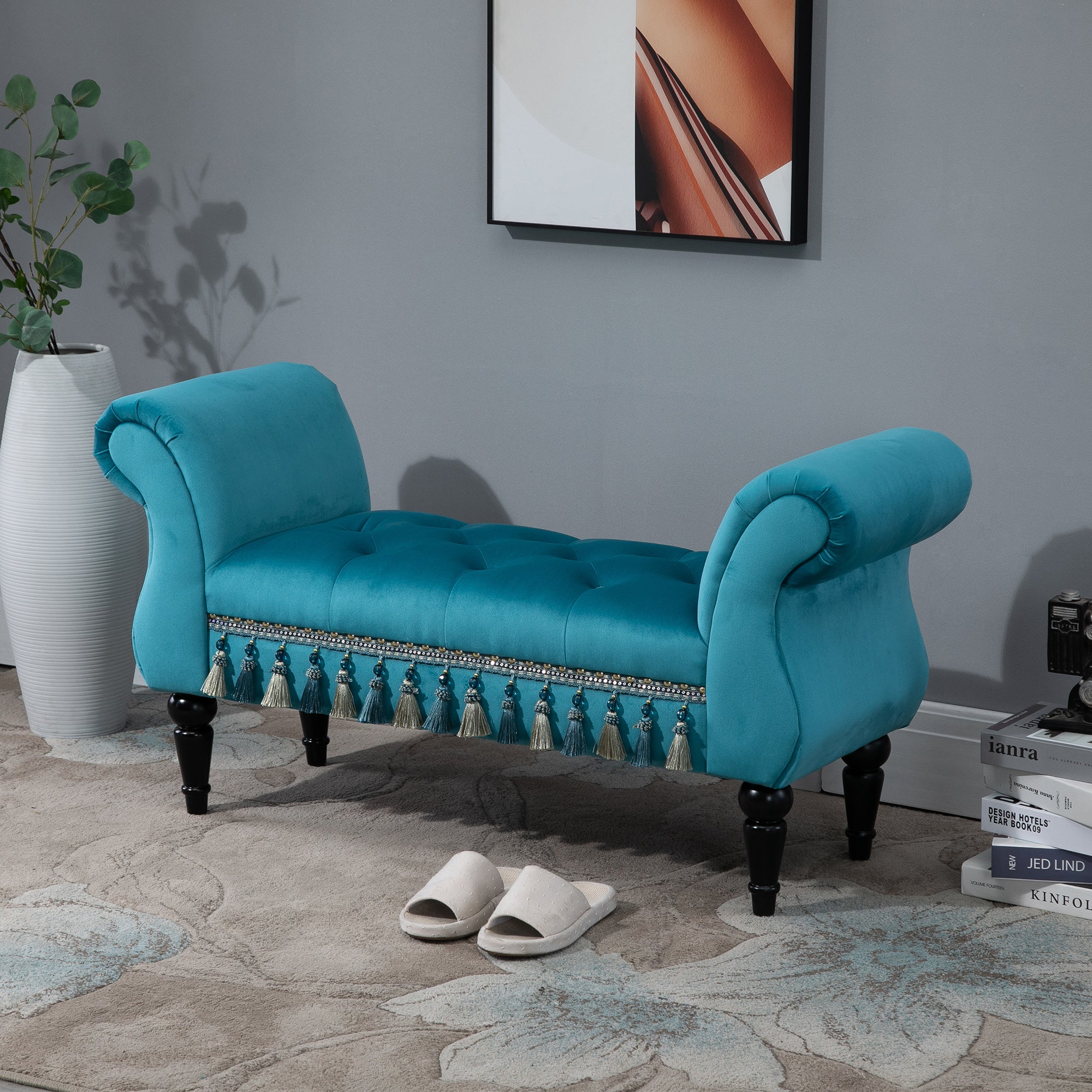 HOMCOM Sitzbank Polsterbank, Samtoptik, Luxus Bettbank mit Holzbeine, Flurbank für Schlafzimmer, bis 150 kg Belastbar, Blau, 117 x 40 x 58 cm