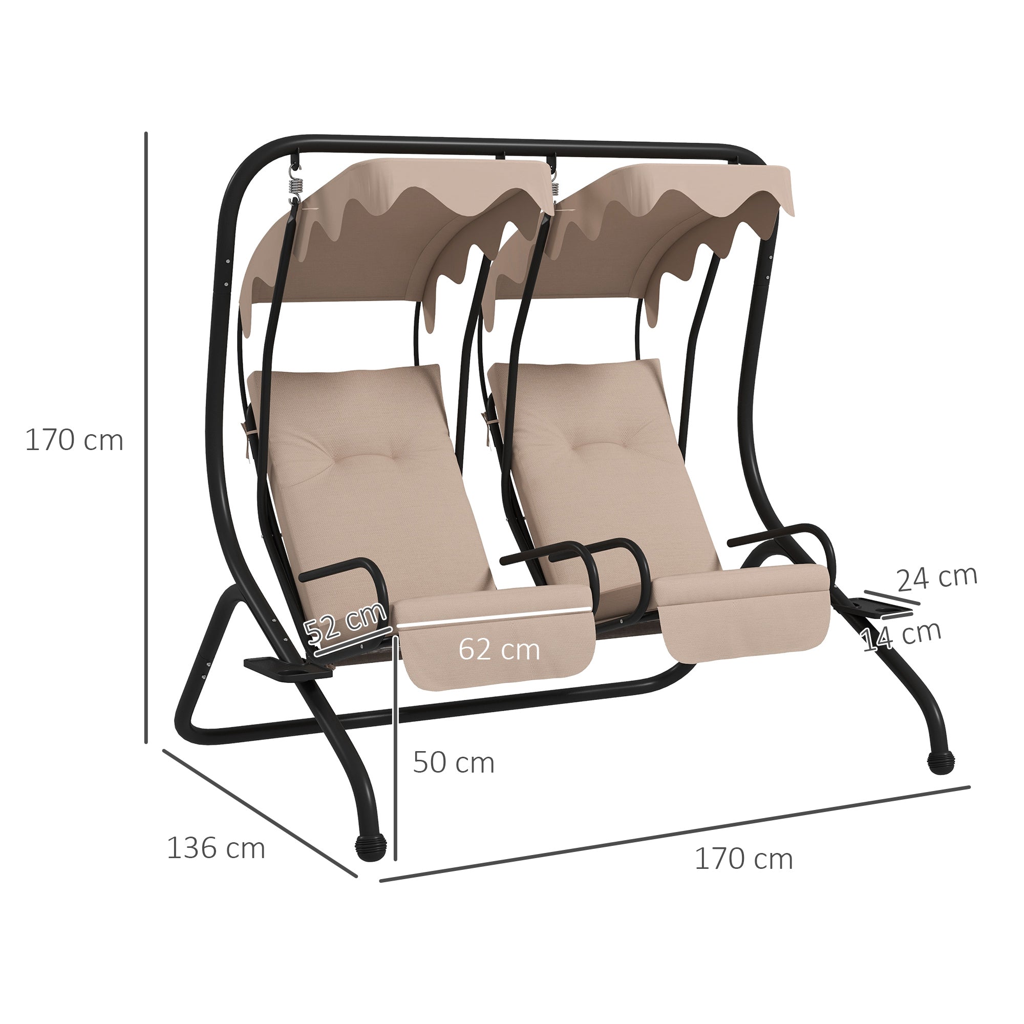 Outsunny Hollywoodschaukel Gartenschaukel, wetterbeständig,2 getrennte Size, 2 Getränkehalter, 170 cm x 136 cm x 170 cm, Beige
