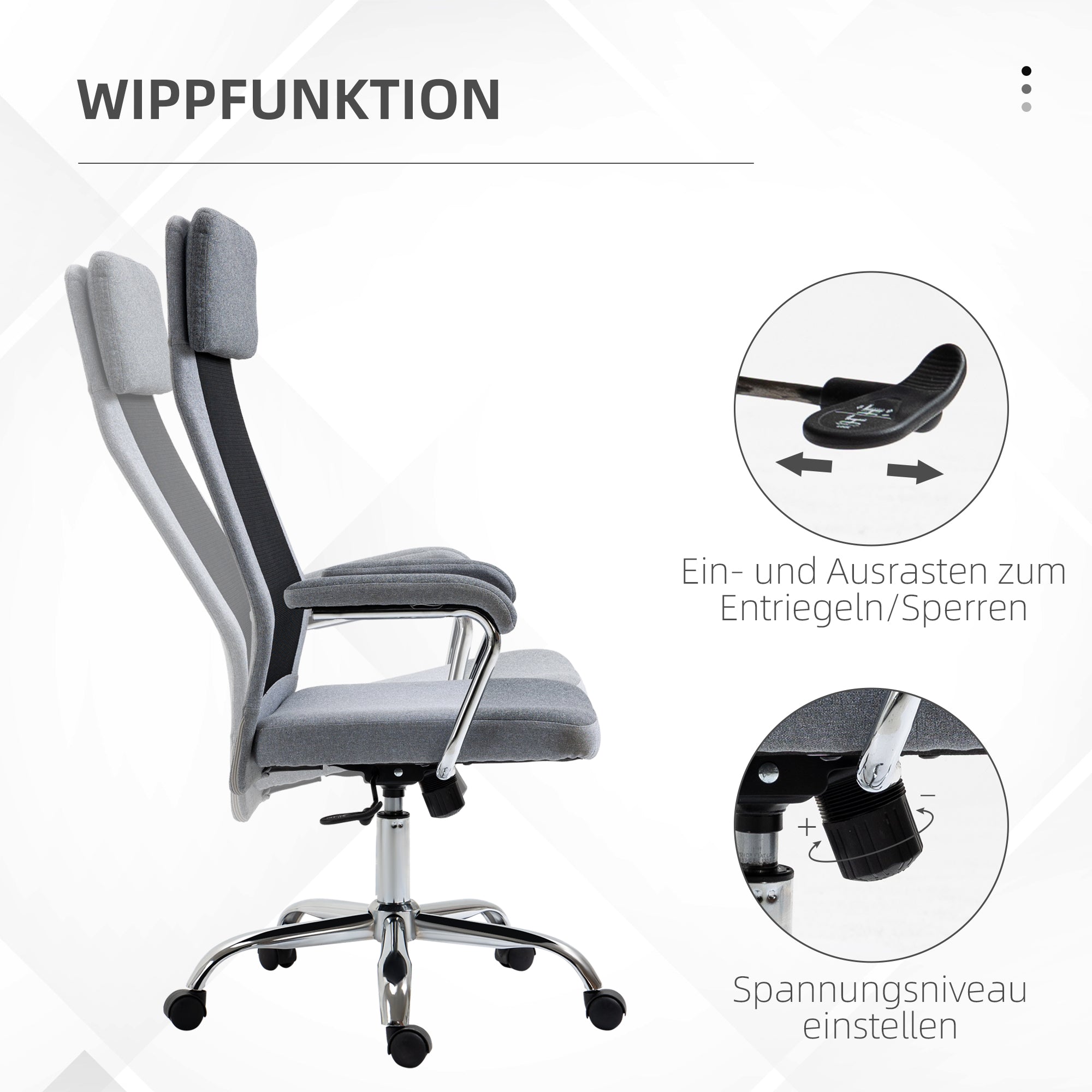 Vinsetto Bürostuhl Computerstuhl ergonomischer Schreibtischstuhl Höhenverstellung und Kopfstütze mit Schaumstoff nordischer Stil hellgrau+schwarz 65 x 67 x 119-129 cm