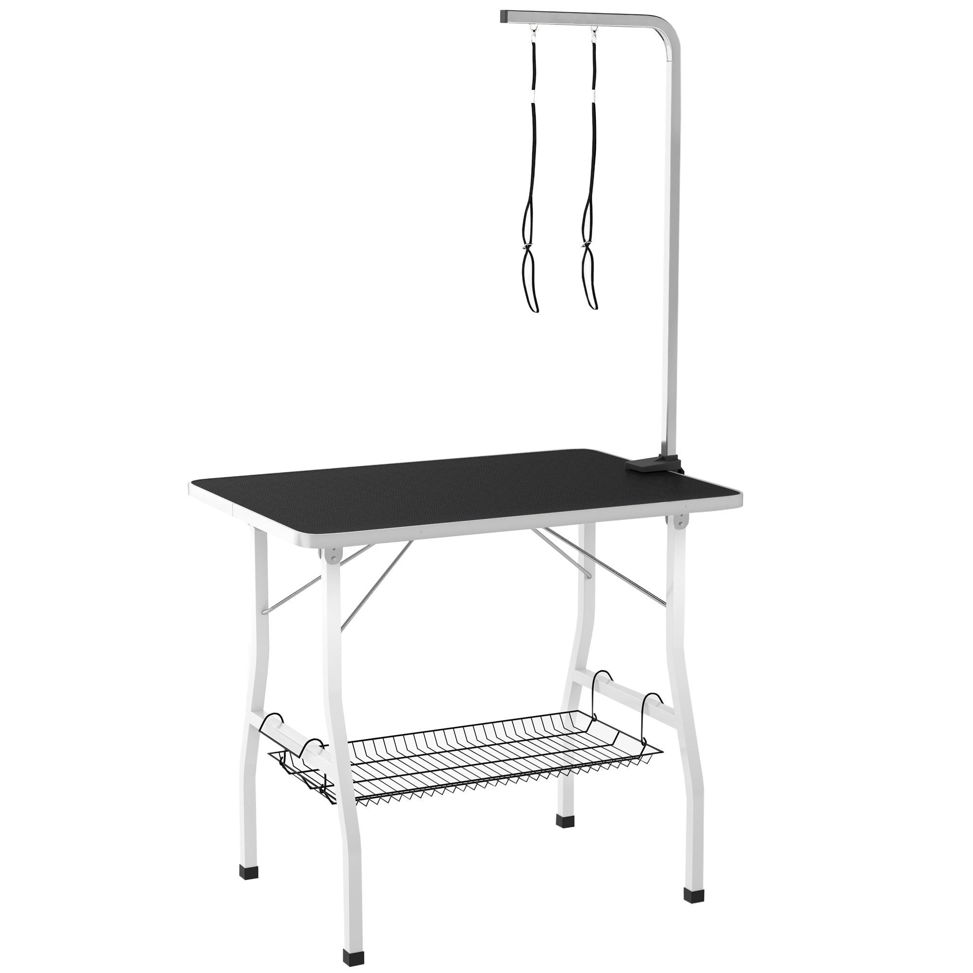 PawHut Hundepflegetisch, Frisiertisch mit einstellbarem Arm, Aufbewahrungsfach, Gummioberfläche, 90 x 60 x 76 cm, Schwarz