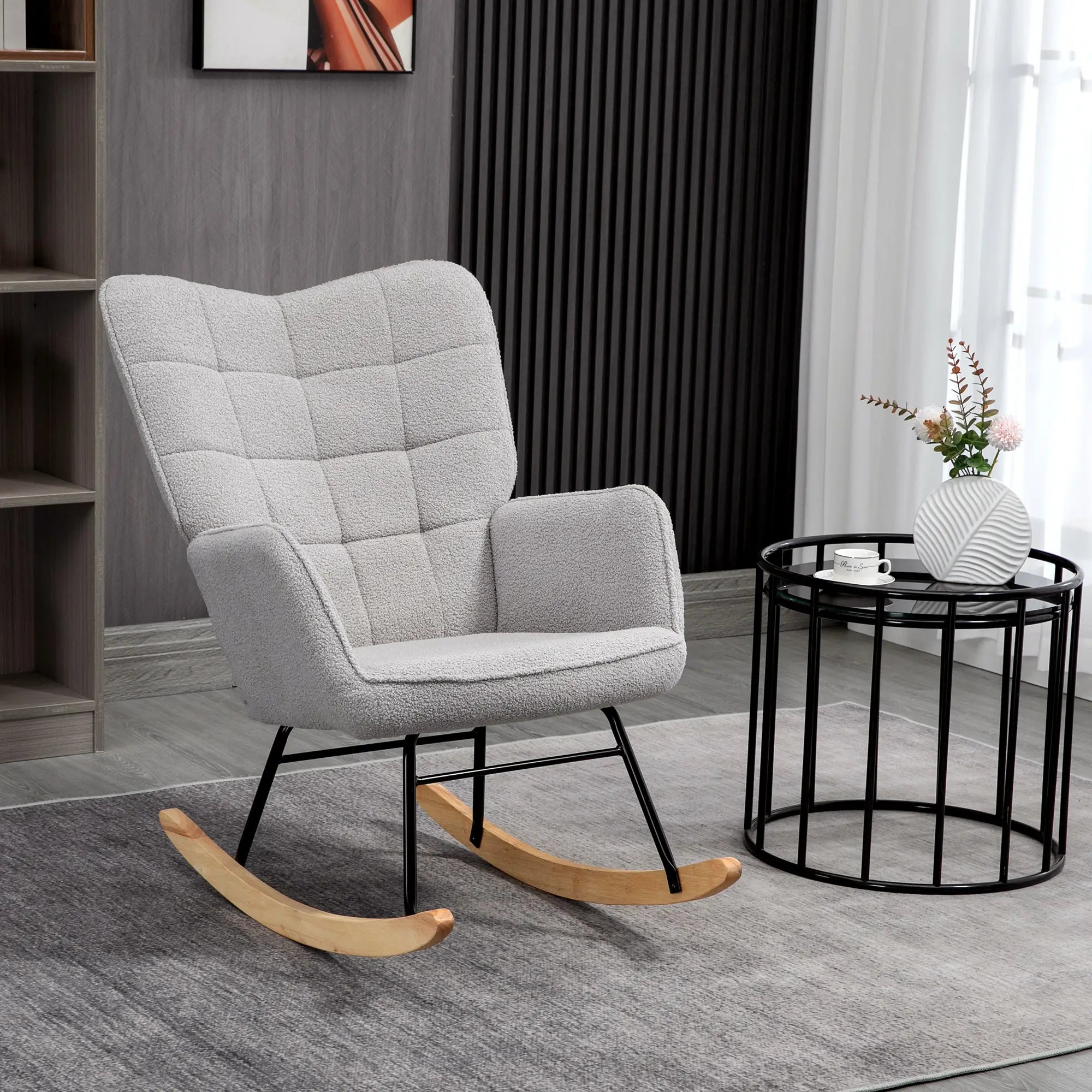 HOMCOM Schaukelstuhl im Retro-Design, Massivholz, Schwingsessel, 71 cm x  92 cm x 101 cm, Hellgrau