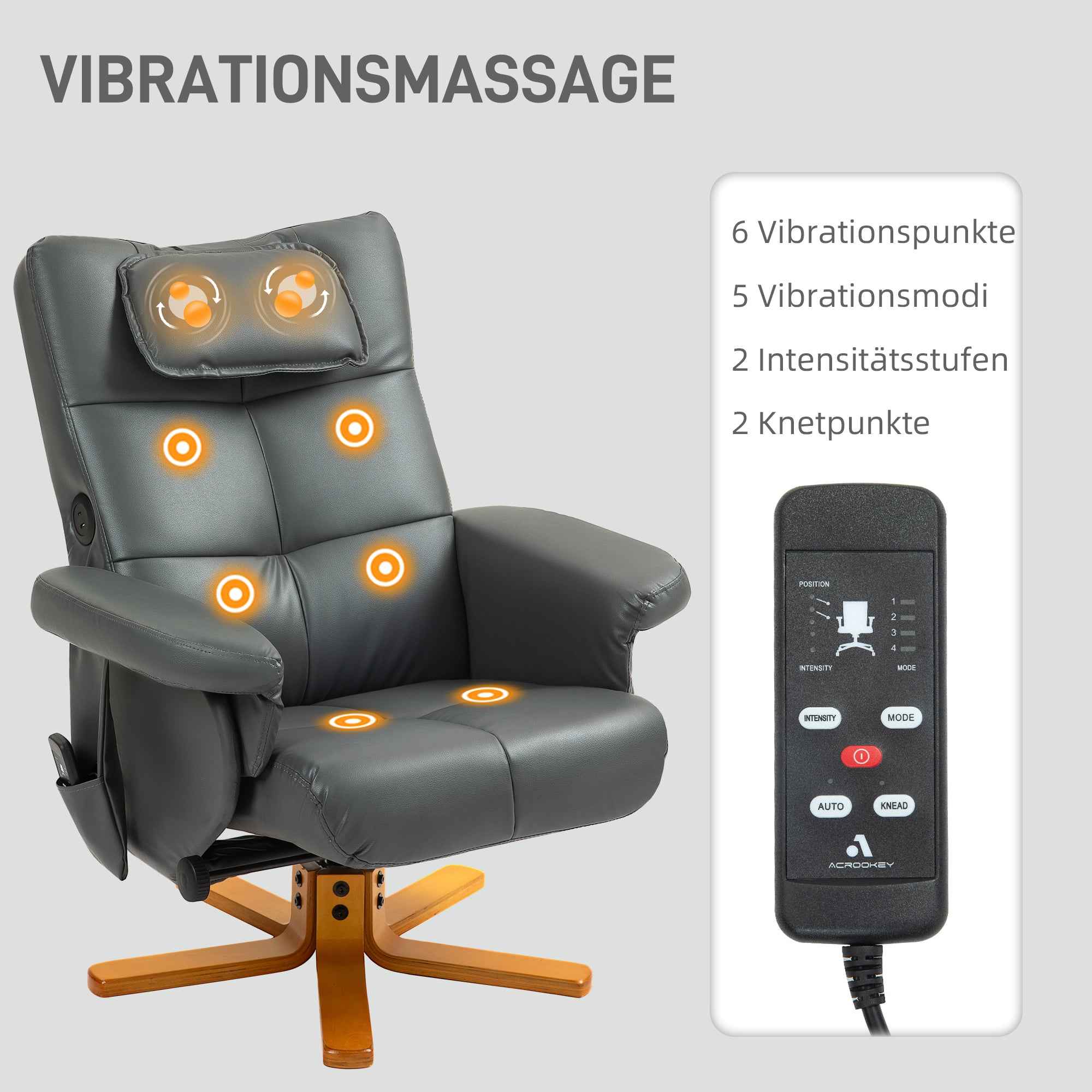 HOMCOM /Massagesessel mit Hocker, verstellbare Lehne, USB-Ladeport, Lederoptik, bis 150 kg, Dunkelgrau