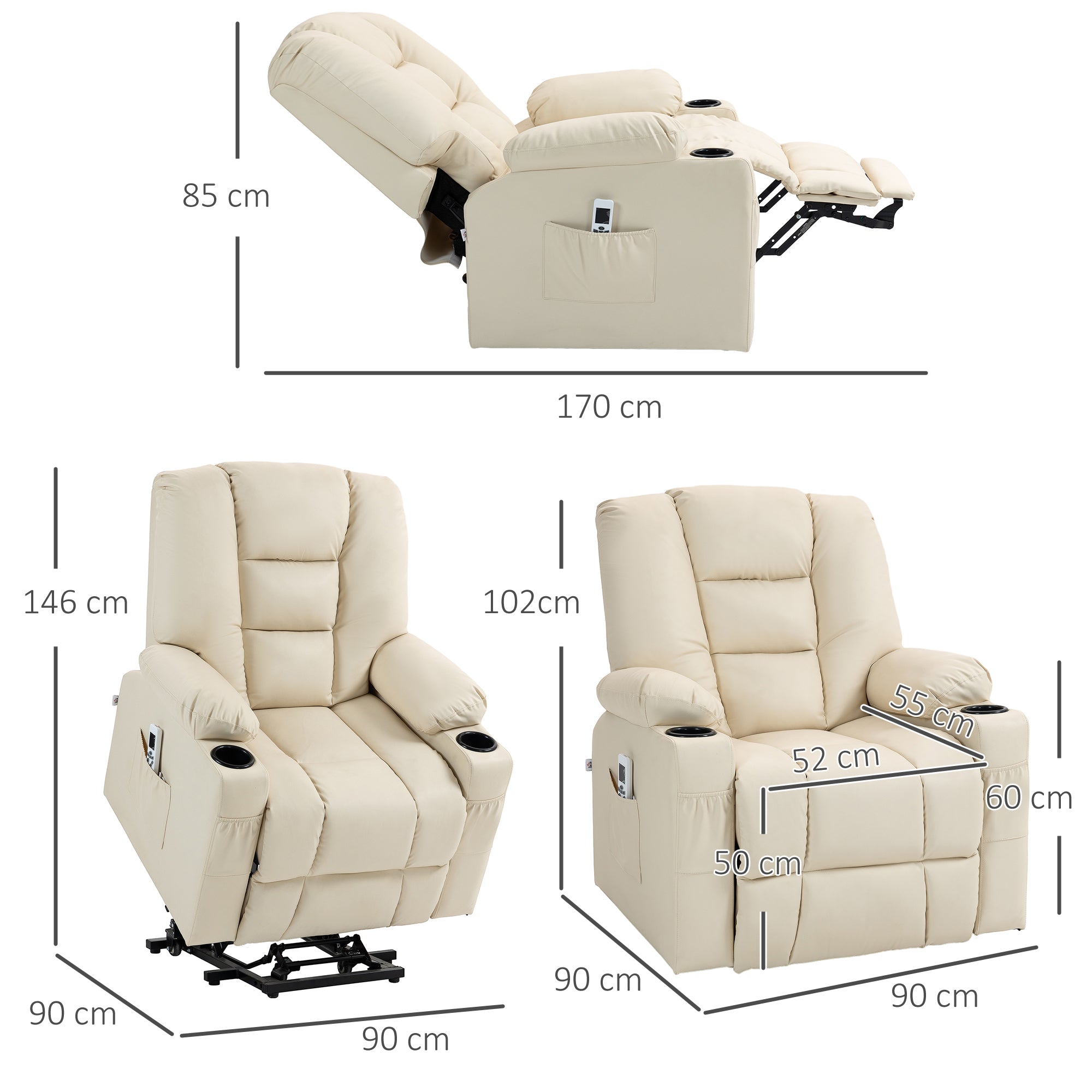 HOMCOM Massagesessel Aufstehhilfe Seniorensessel, inkl. Fernbedienung, 4 Massagemodi, 90  cm x 98 cm x 102 cm, Creme