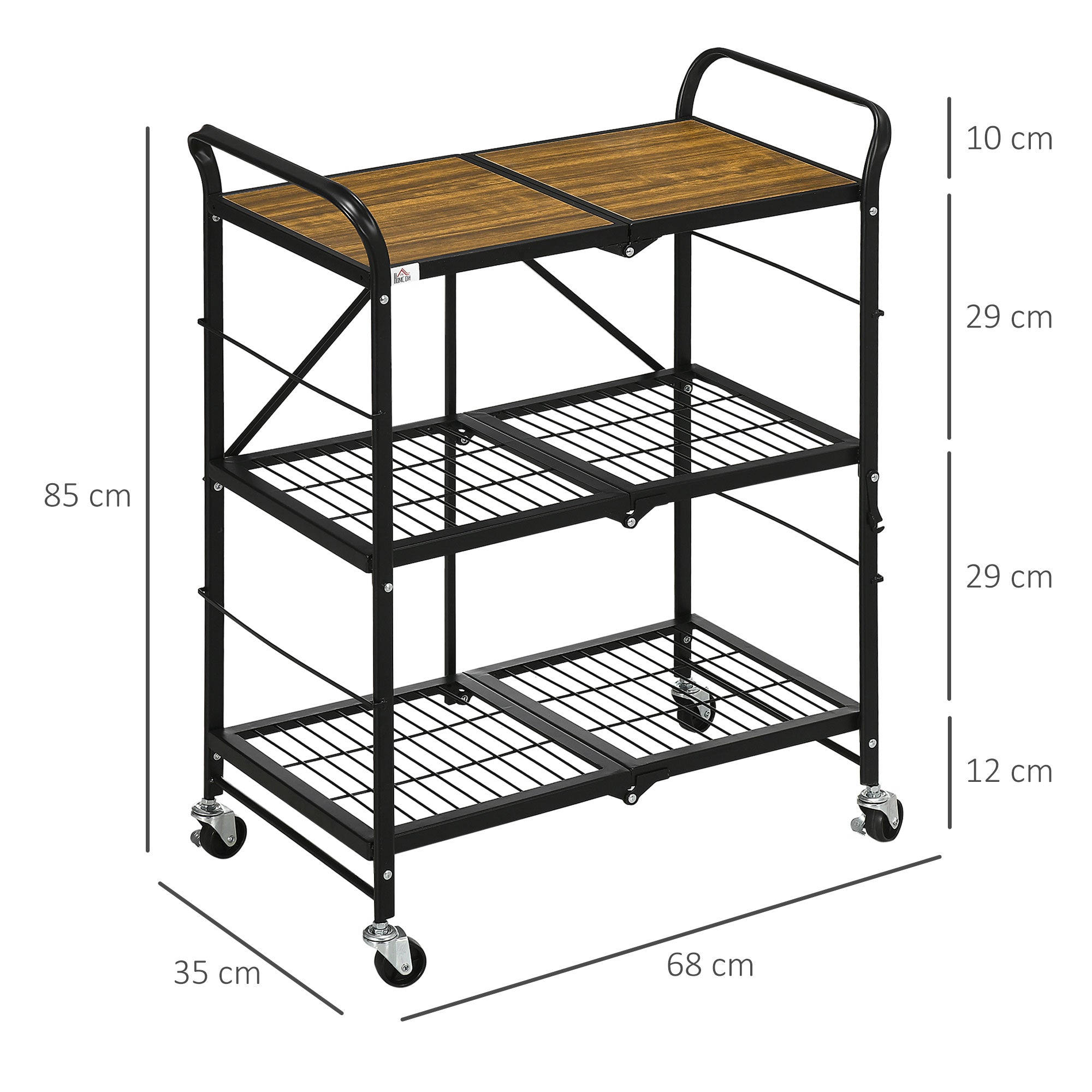 HOMCOM Küchenwagen im Industriedesign, mit 3 Regalen, Mehrzweckwagen, Servierwagen, 4 Räder, klappbar, Braun + Schwarz