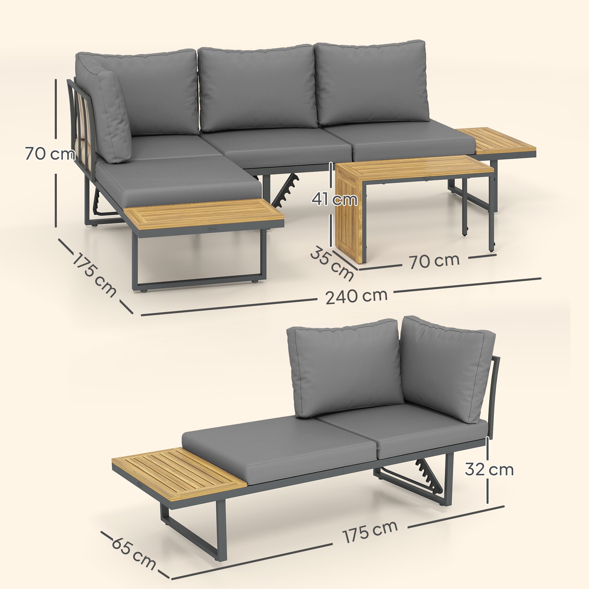Outsunny Außenmöbel-Set, auf 6 Sitze erweiterbar, L-förmige Outdoor-Sitzecke mit Tischen, Stahlrahmen, verstellbare Lehnen, Grau