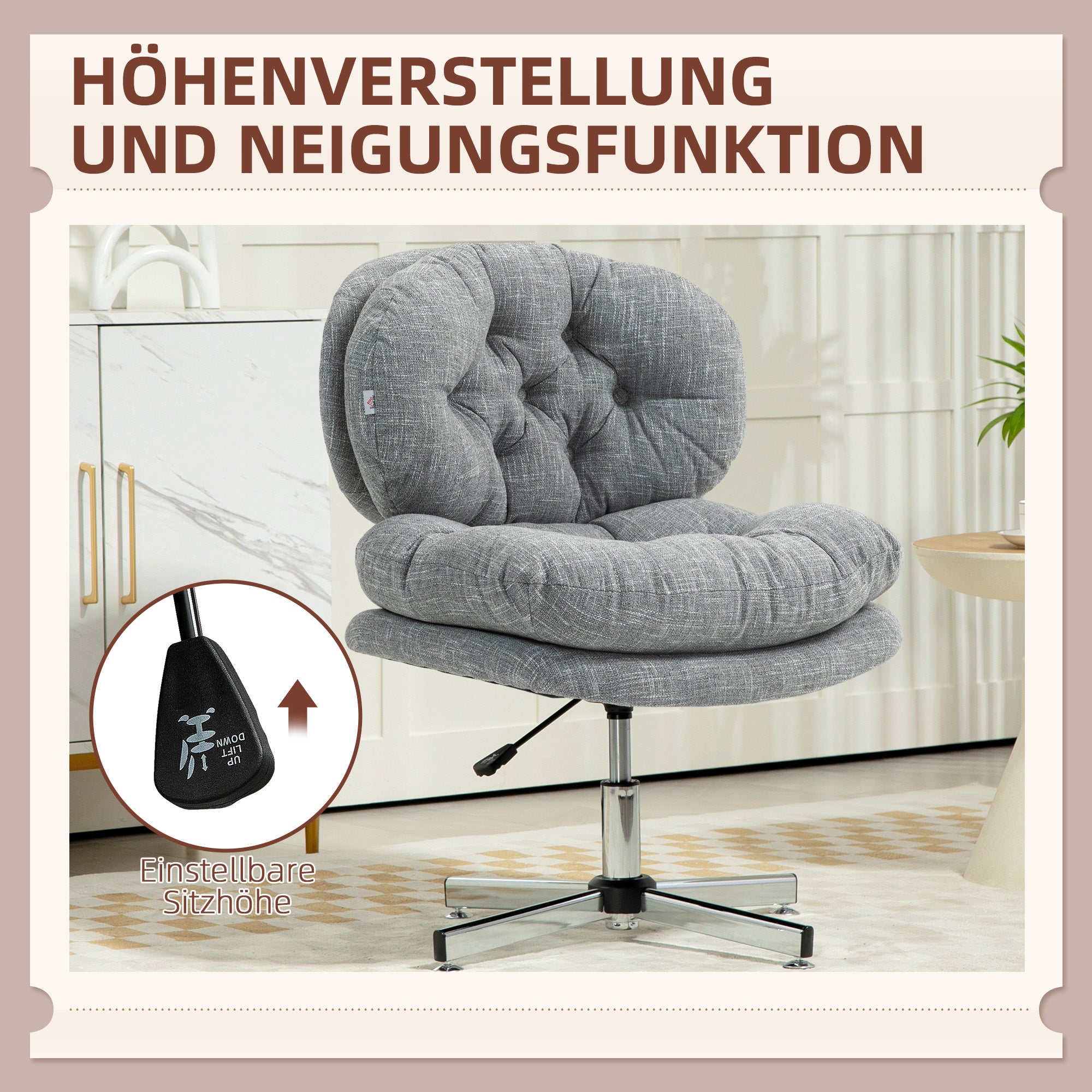 HOMCOM Bürostuhl ohne Armlehnen, bequemer Schreibtischstuhl mit gepolstertem Sitz und verstellbarer Höhe, Grau