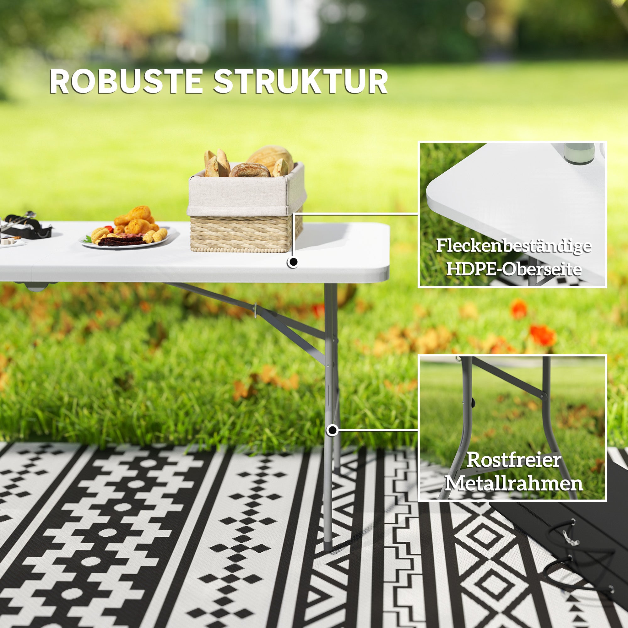 Outsunny Klapptisch, Faltbarer Campingtisch, Metall, Kunststoff, Picknicktisch, Weiß