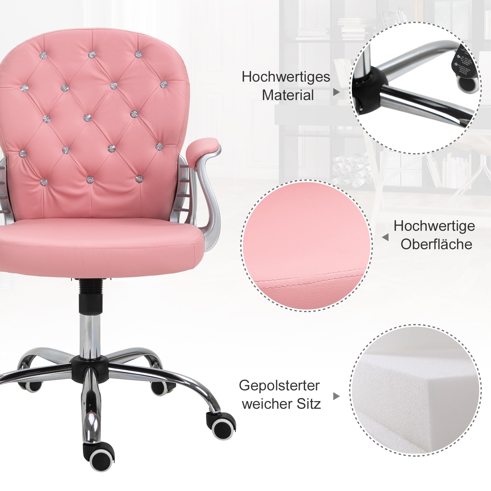 Vinsetto Bürostuhl, Ergonomisch Schreibtischstuhl mit Armlehne, Gepolsterter Rückenlehne, Höhenverstellbar Computerstuhl mit Kunstlederoptik, Drehstuhl für Home Office, Rosa