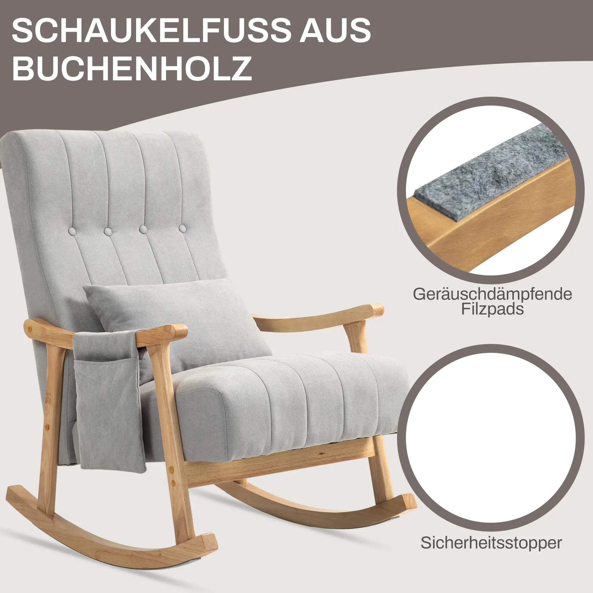 HOMCOM Schaukelstuhl mit Nierenkissen, breiter Sitz, Buchenrahmen, bis 120 kg, Grau