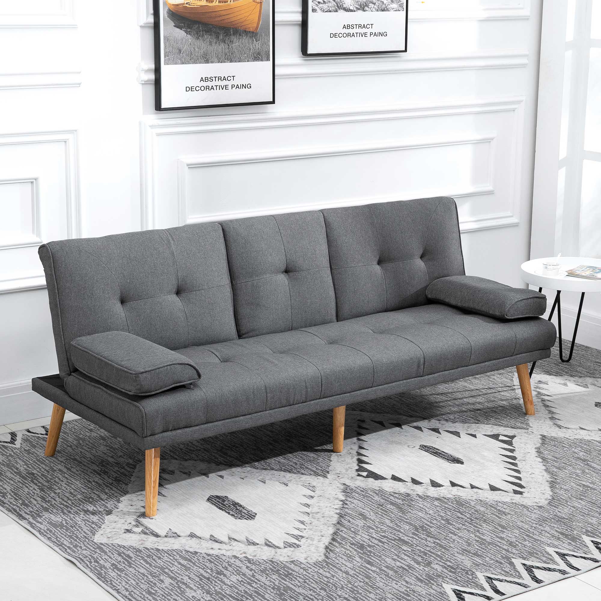 HOMCOM Schlafsofa im Skandi-Design, 3-Sitzer-Sofa, 2 Kissen, Grau + Natur