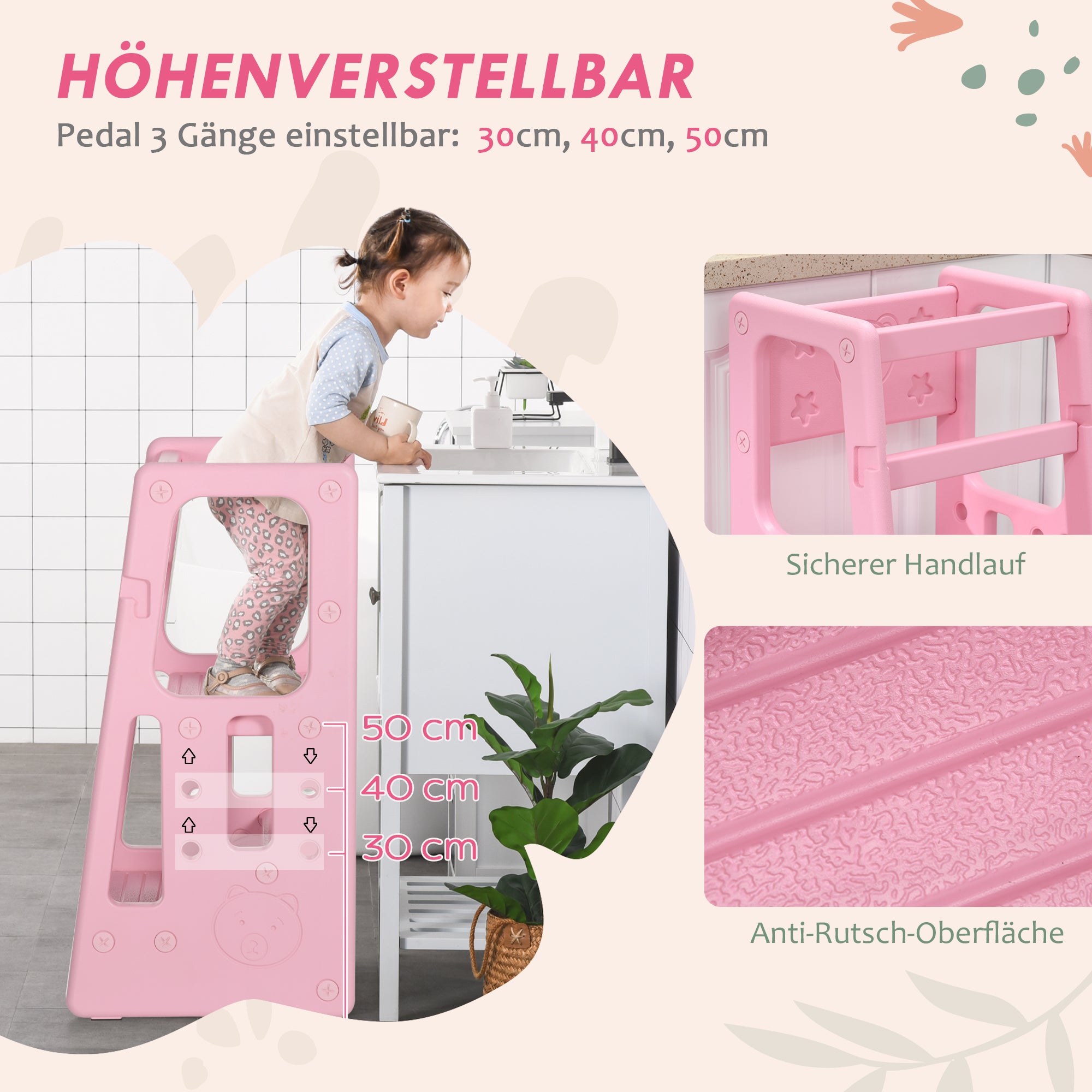 HOMCOM Lernturm, höhenverstellbar, leicht zu reinigen, rutschfest, kindersicherer Kunststoff, 47x47x90 cm, Rosa