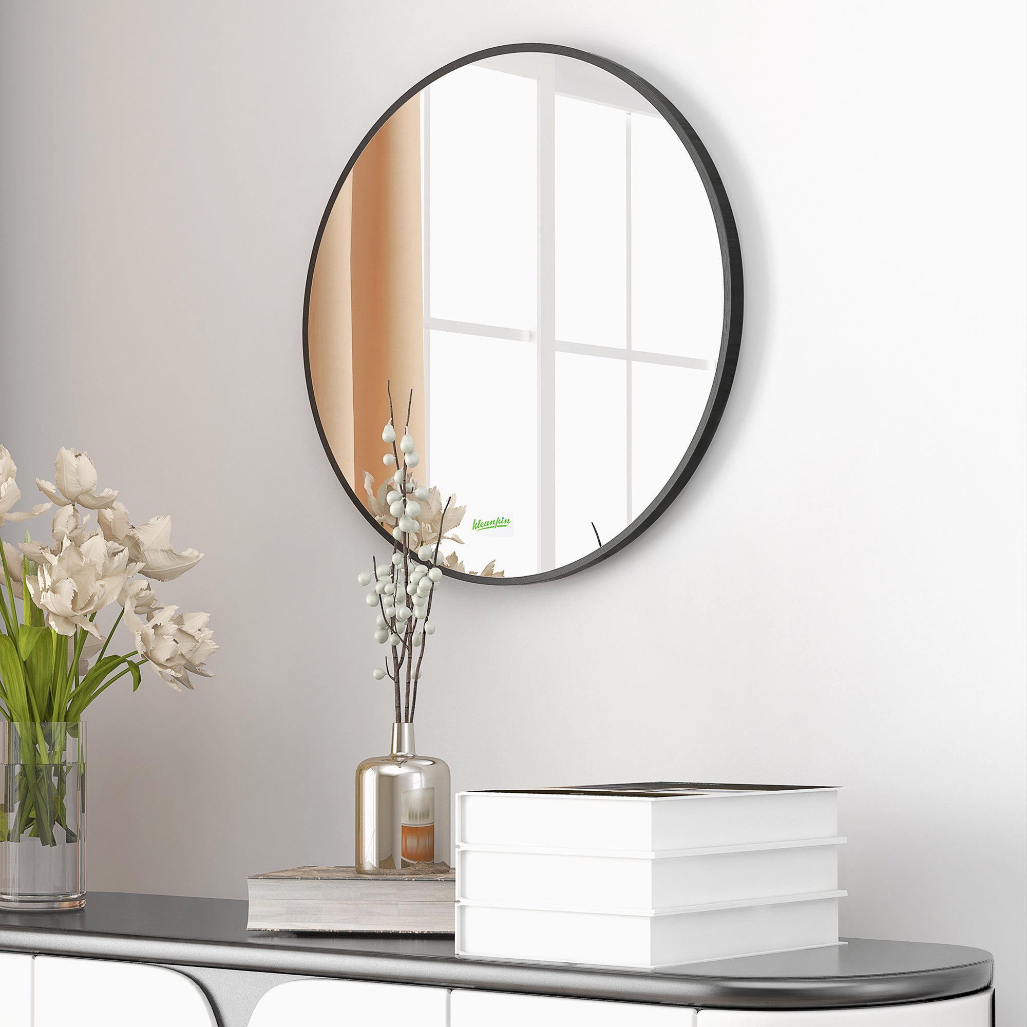 kleankin Runder Wandspiegel für Bad, Schlafzimmer, Flur, Metallrahmen, Farbe: Schwarz, Ø50
