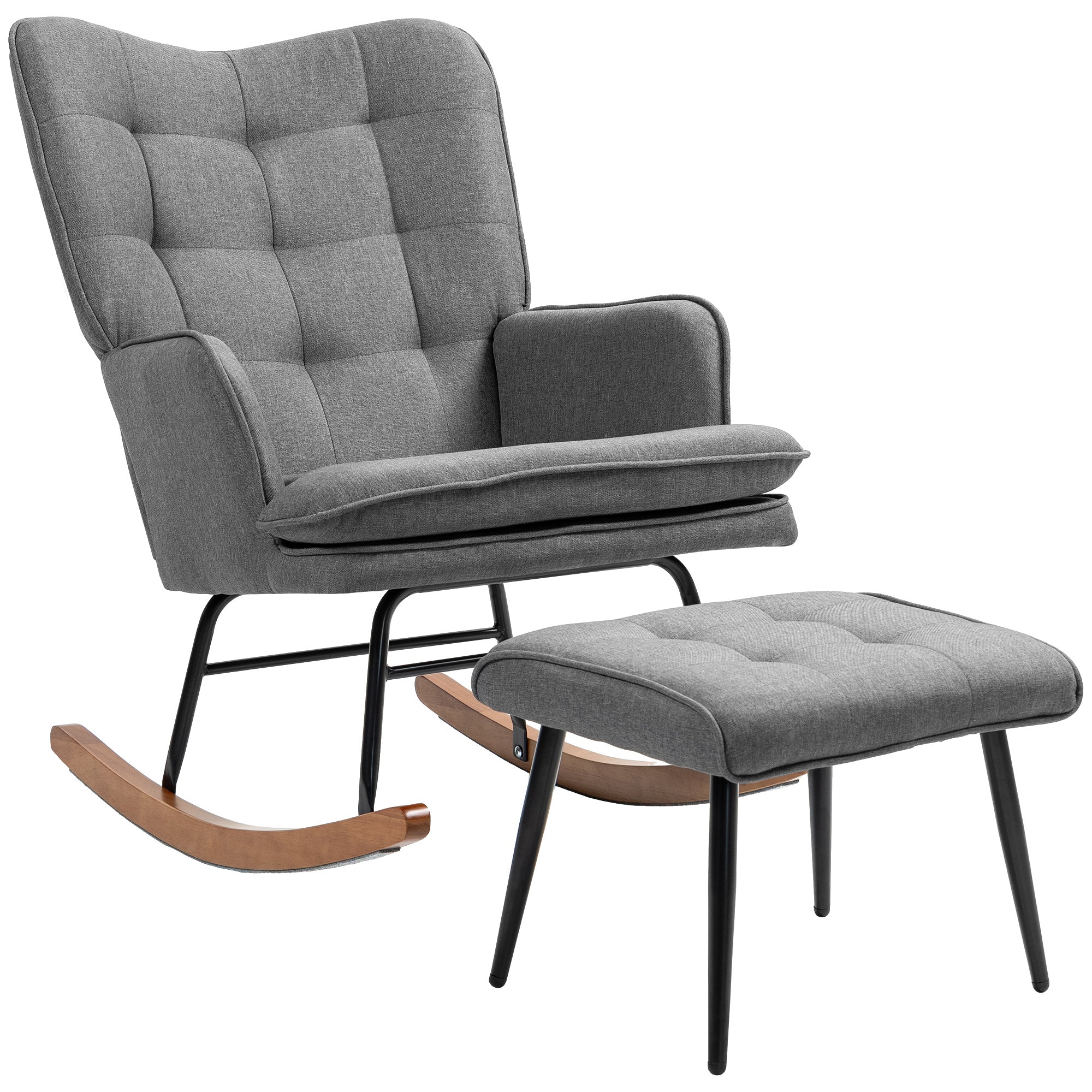 HOMCOM Schaukelstuhl mit Hocker, komfortabel, bis 130 kg, Leinenoptik, 64x89x90cm, Dunkelgrau