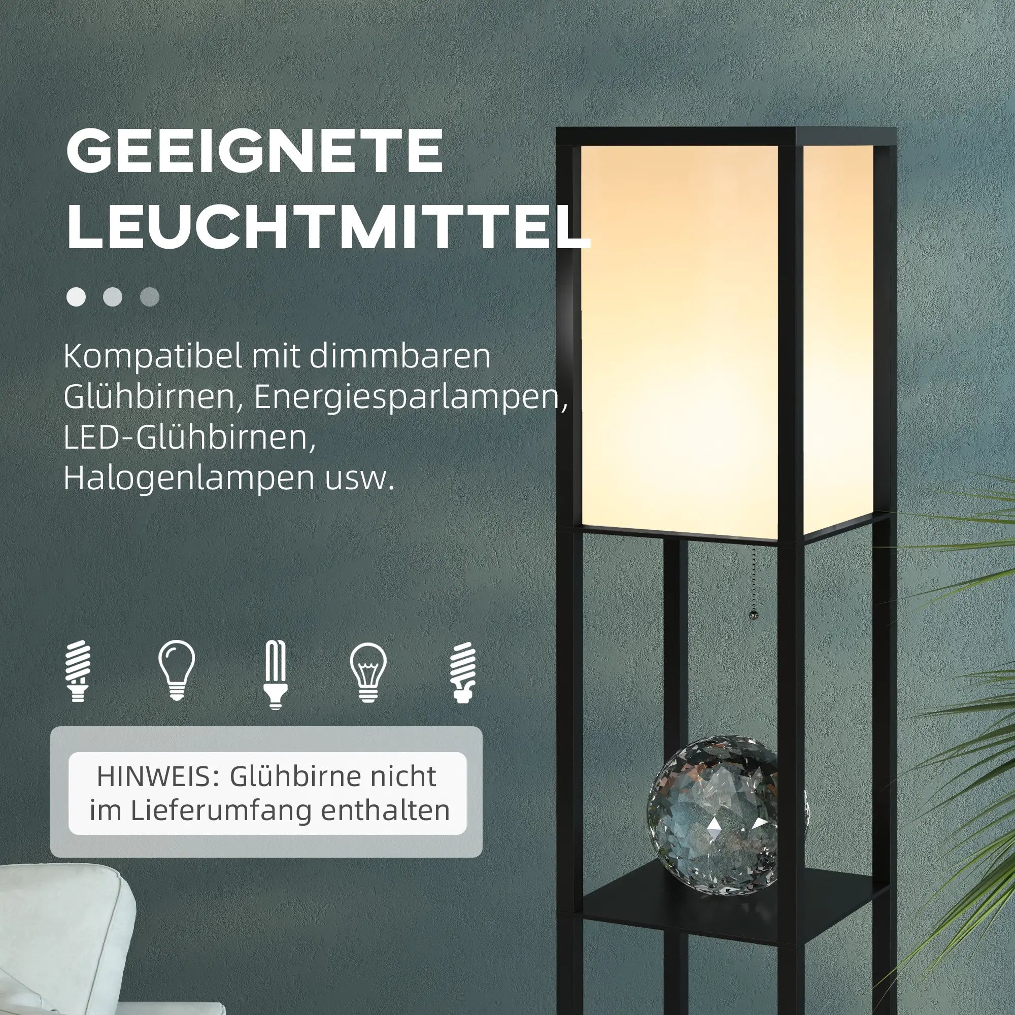 HOMCOM Stehlampe mit Regalen, Stehleuchte, Holz, 26 x 26 x 160 cm, für Wohn-/Schlafzimmer (Ohne Glühbirne)