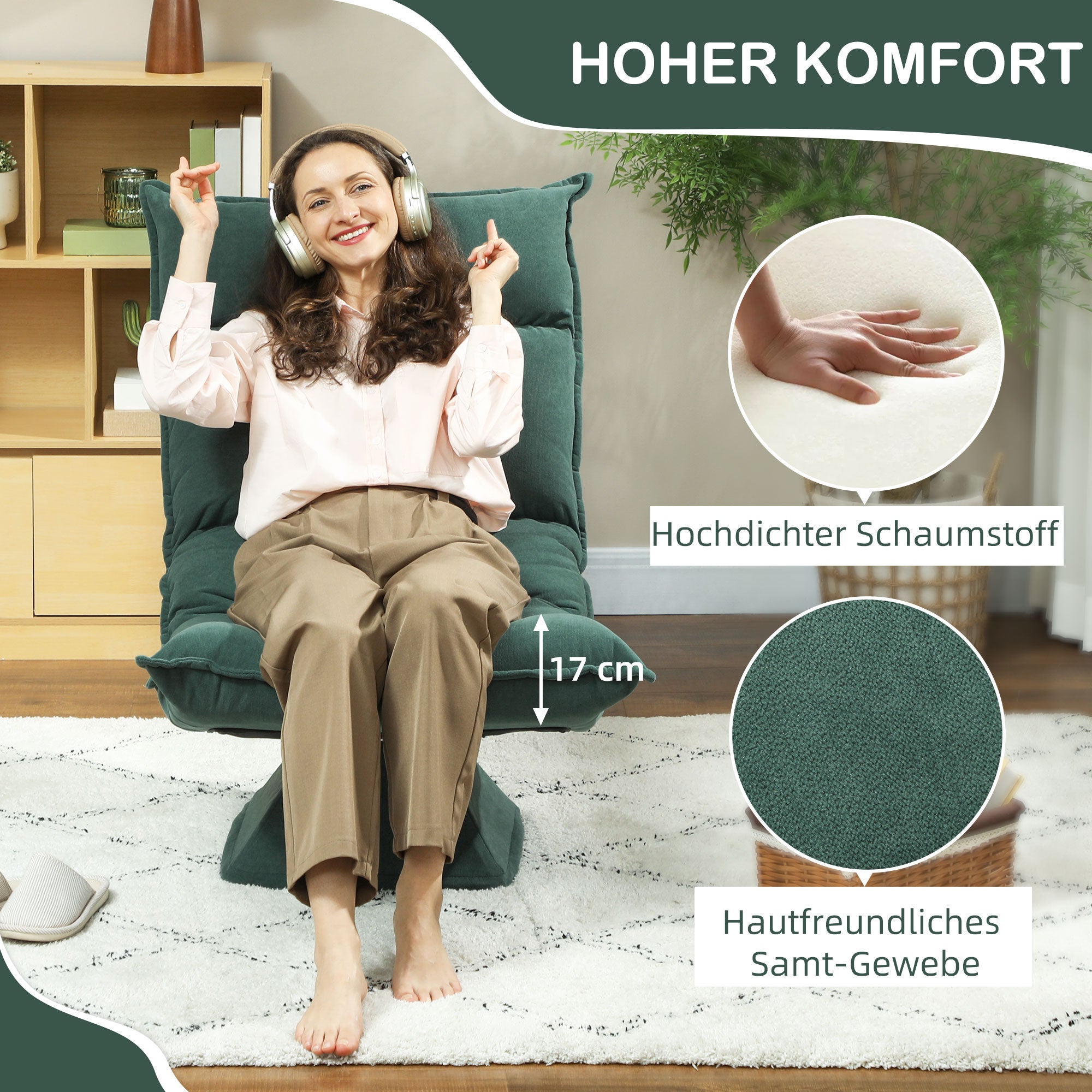HOMCOM Bodensessel mit 5-fach verstellbarer Rückenlehne, drehbar, moderner Polsterstuhl, Grün