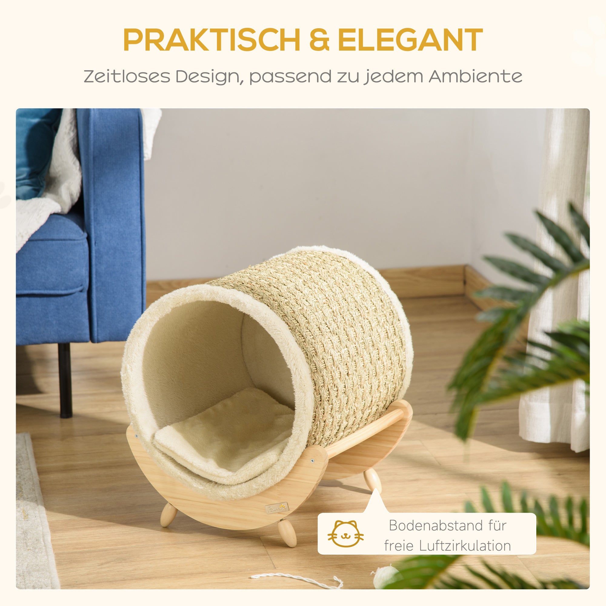 PawHut Katzenhöhle mit Kratzfläche inkl. Kissen, Kratztonne, 41 cm x 38 cm x 43 cm, Natur + Beige