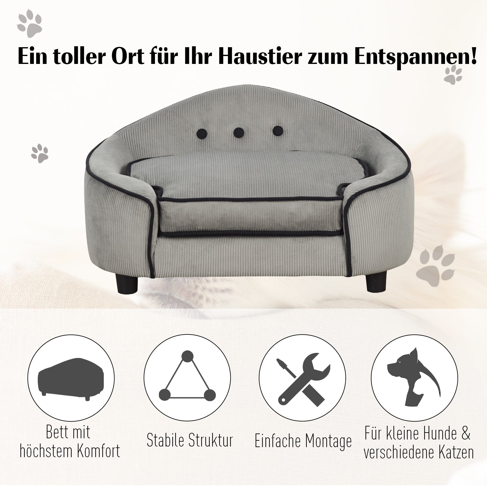 PawHut Haustiersofa, Hundebett, Hundematte, Hundesofa, Naturholz+Plüsch, Grau, 66,5 x 45 x 35,5 cm