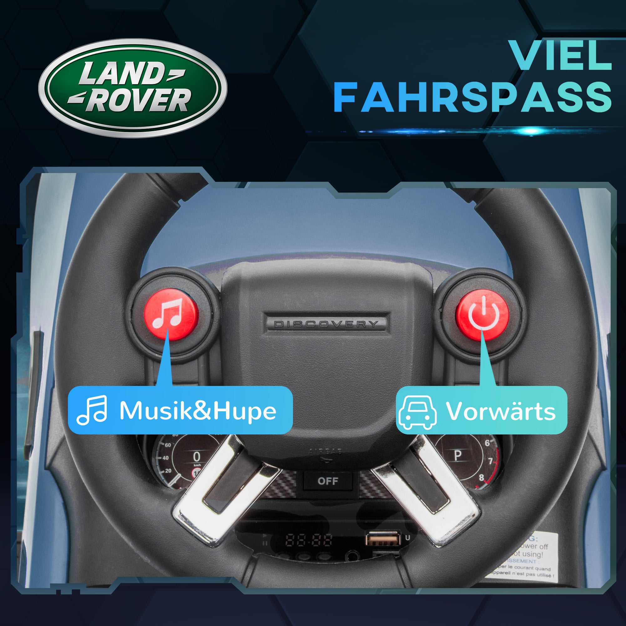 AIYAPLAY Elektro Kinderauto 6V, Land Rover, Fahr-/Schiebemodus, Scheinwerfer, Musik, Hellblau