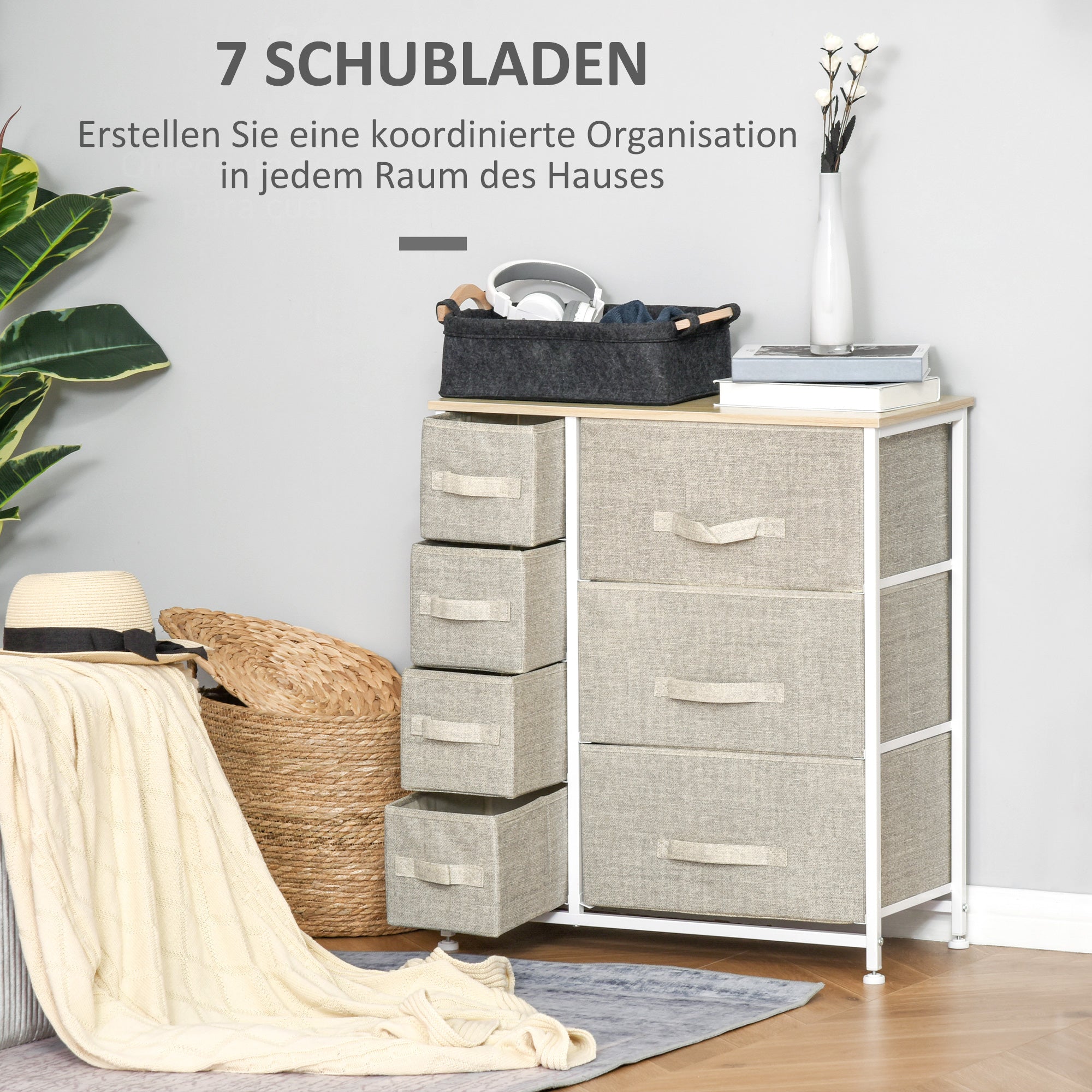 HOMCOM Kommode, Sideboard, 7 faltbare Stoffschubladen, Metallgestell, 63,5 x 30 x 71 cm, Hellgrau