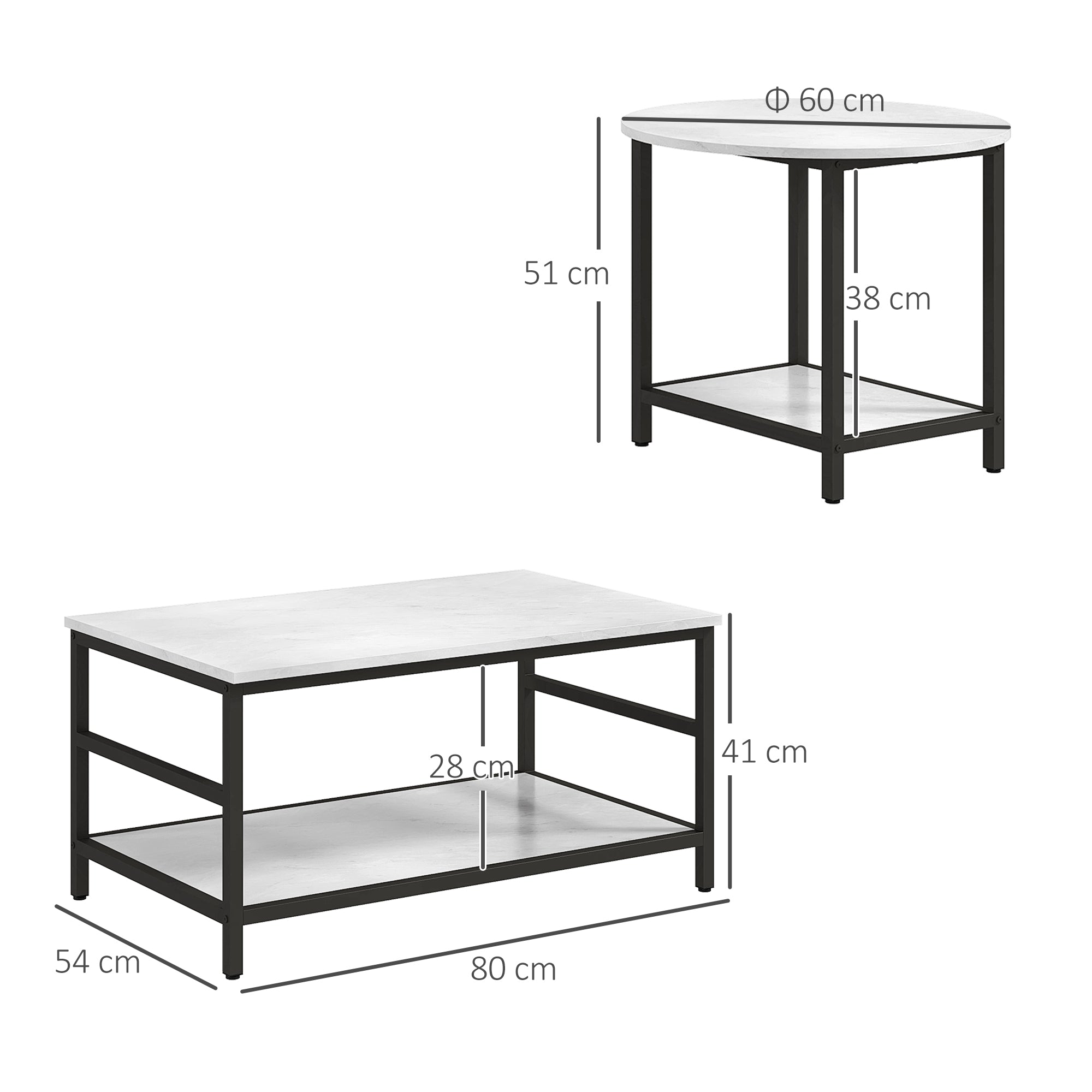HOMCOM Couchtisch-Set, 2 Beistelltische, Marmoroptik, verstellbare Füße, Stahl, Schwarz/Weiß