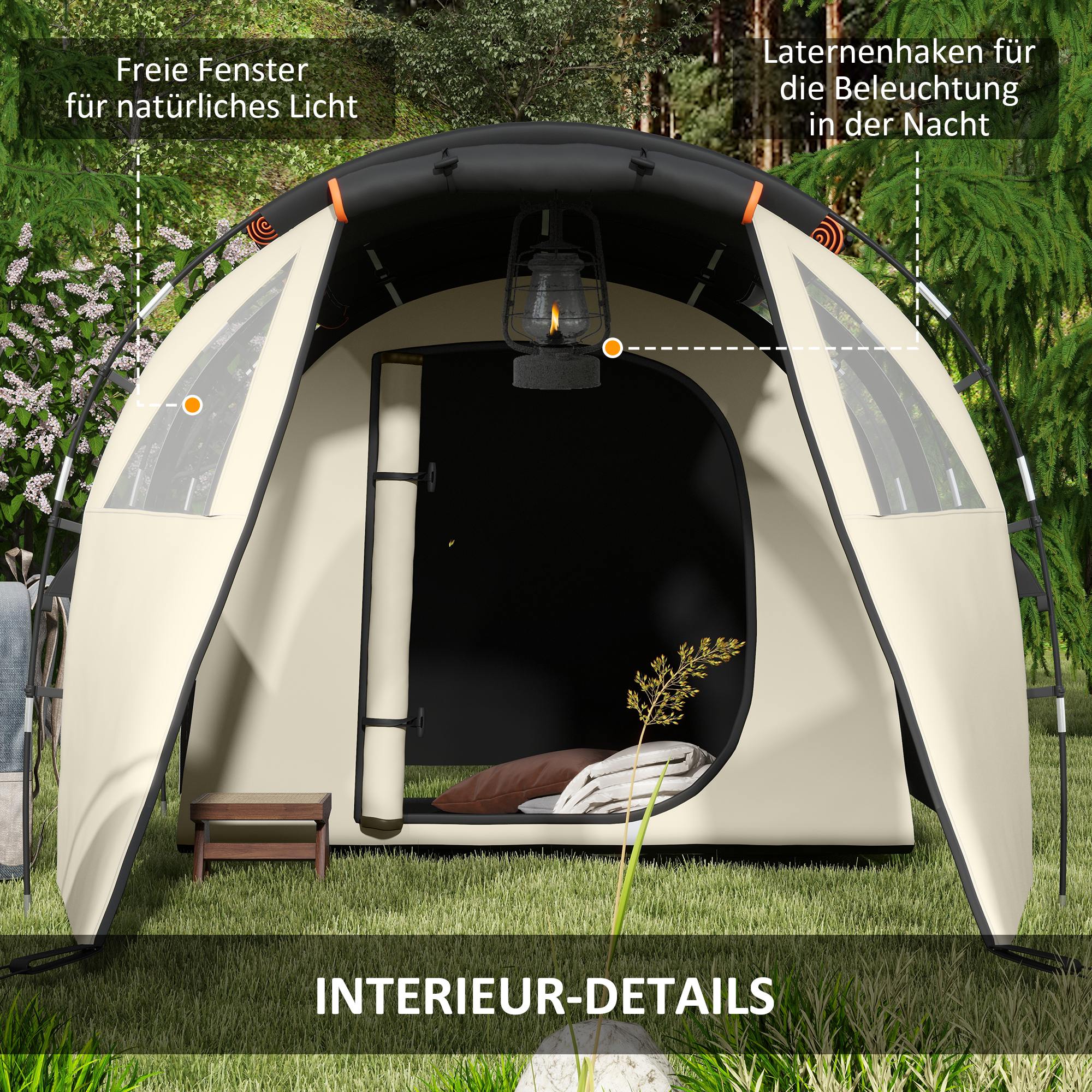 Outsunny Campingzelt für 4-5 Pers., abdunkelbare Fenster, wasserdicht, 180H x 460L x 230B cm, Khaki/Orange